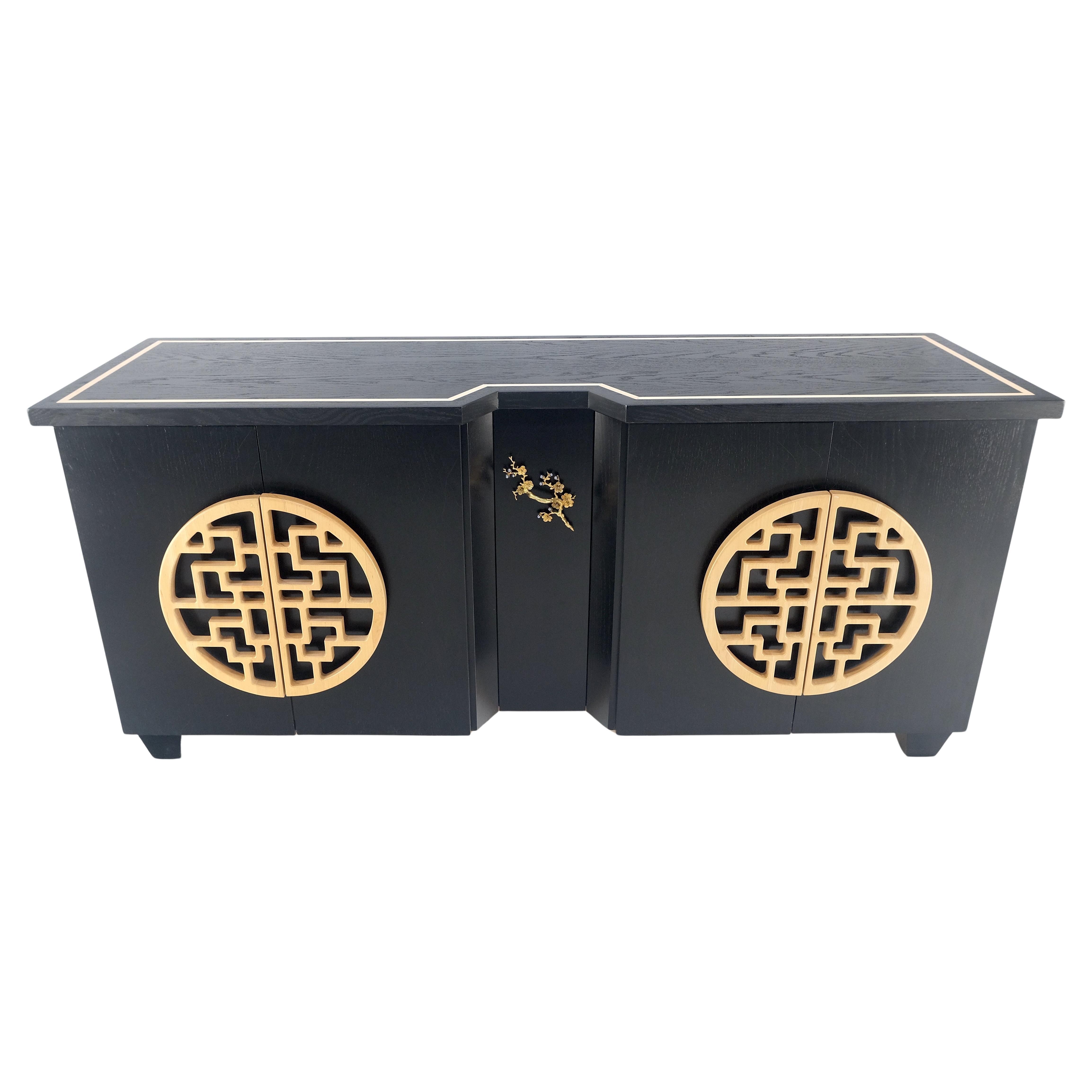 Large Asian Black Lacquer Large Carved Wood Door Pulls 8 Drawer Dresser Credenza