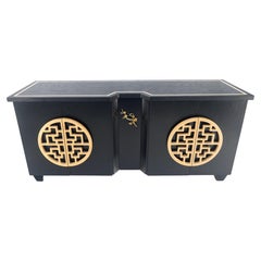 Large Asian Black Lacquer Large Carved Wood Door Pulls 8 Drawer Dresser Credenza