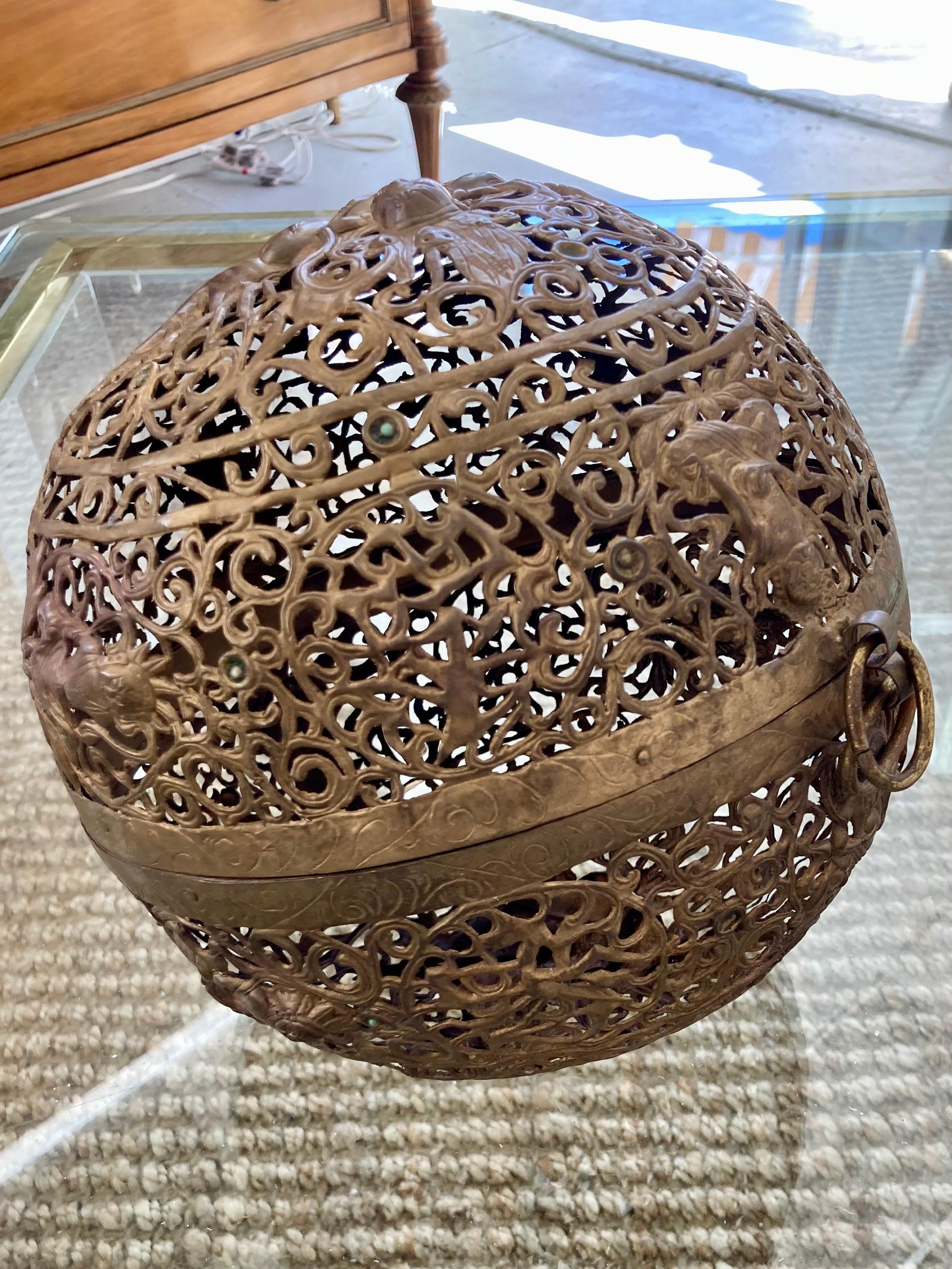 Chinese Large Asian Brass Ball Incense Holder For Sale