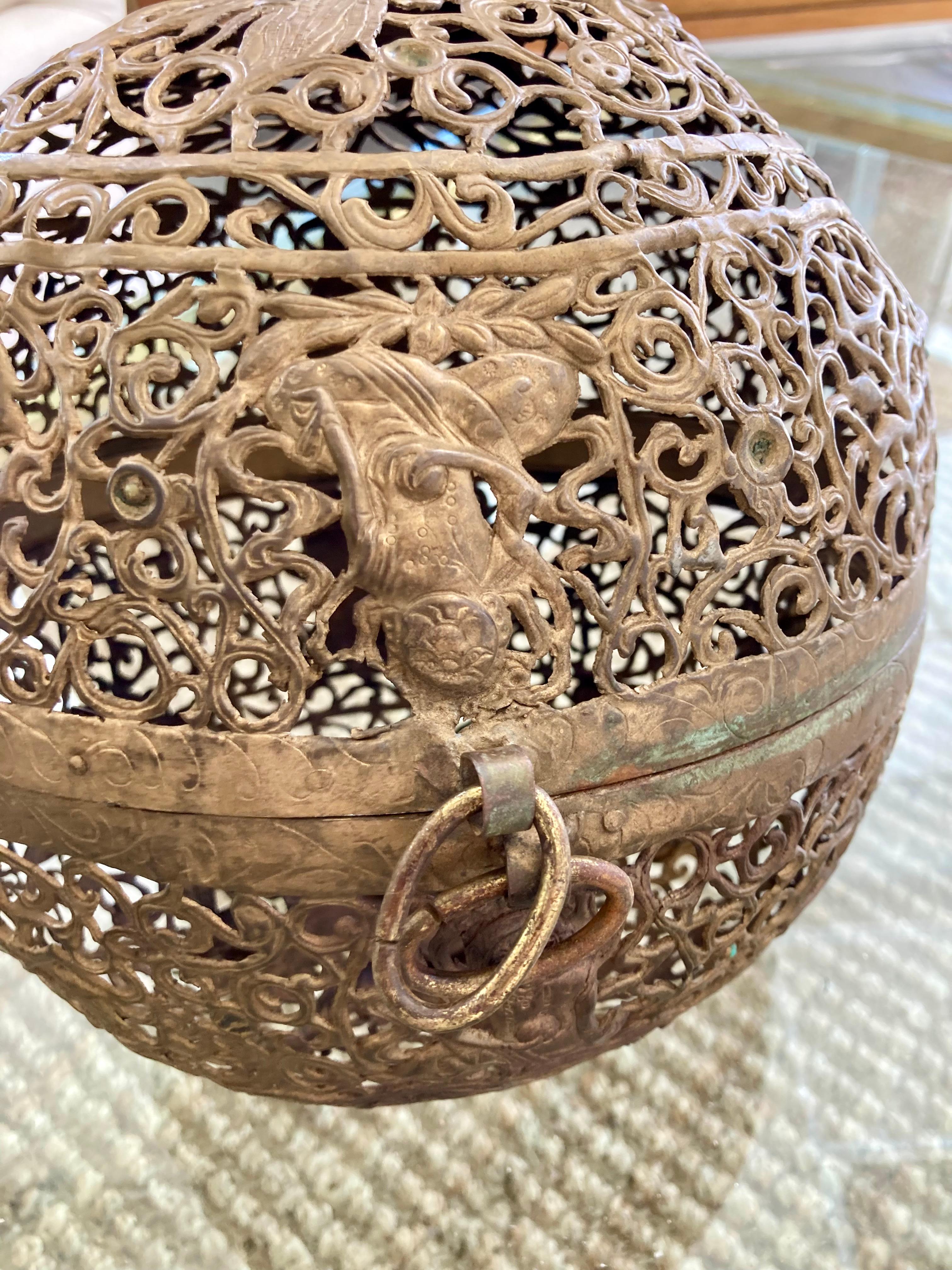 Large Asian Brass Ball Incense Holder In Good Condition For Sale In Los Angeles, CA