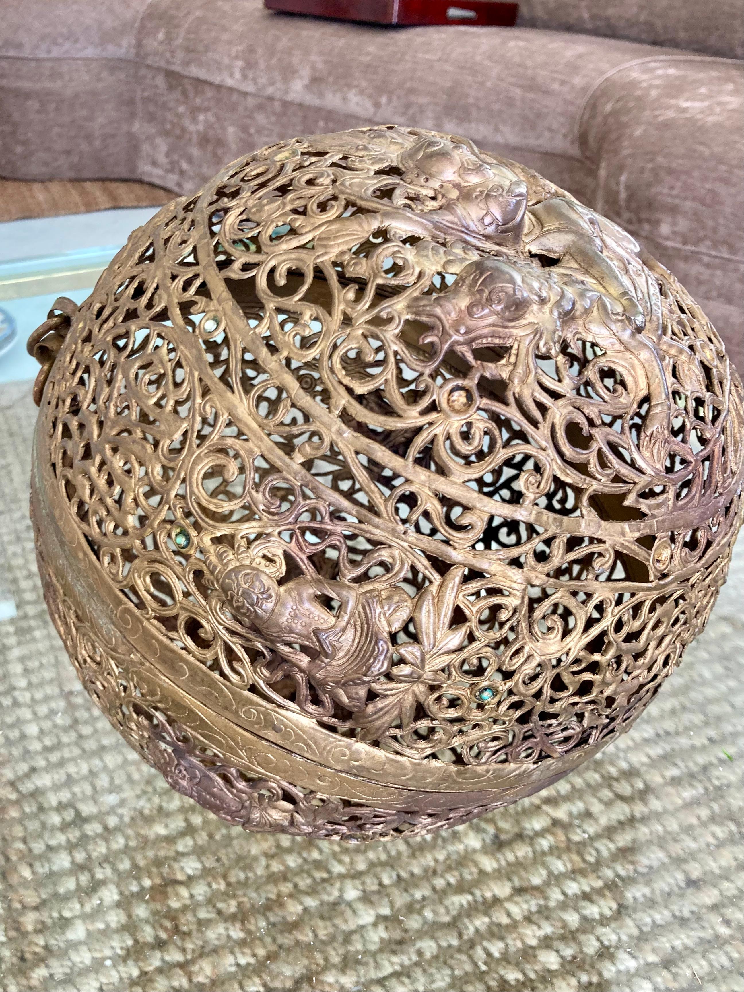 20th Century Large Asian Brass Ball Incense Holder For Sale