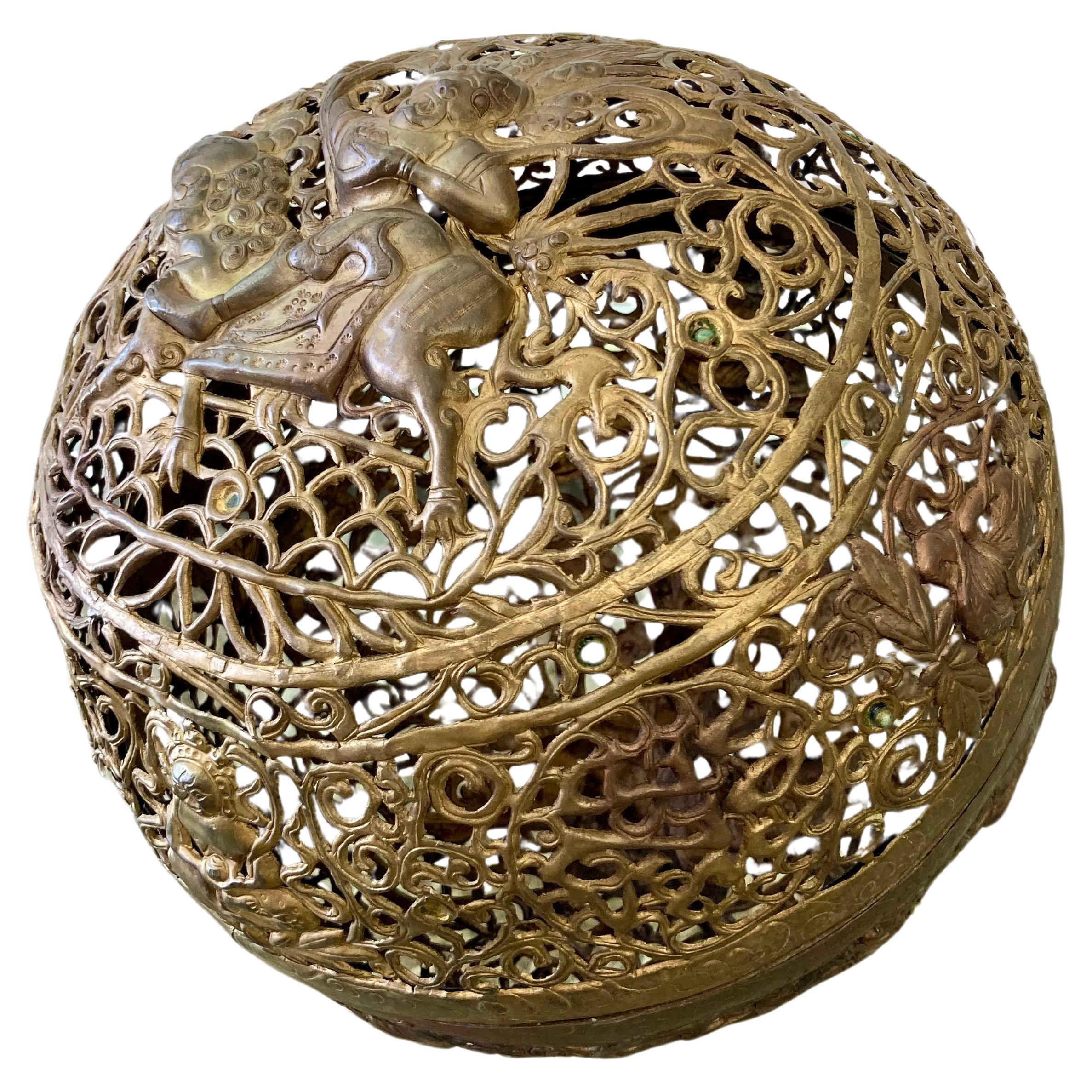 Large Asian Brass Ball Incense Holder For Sale
