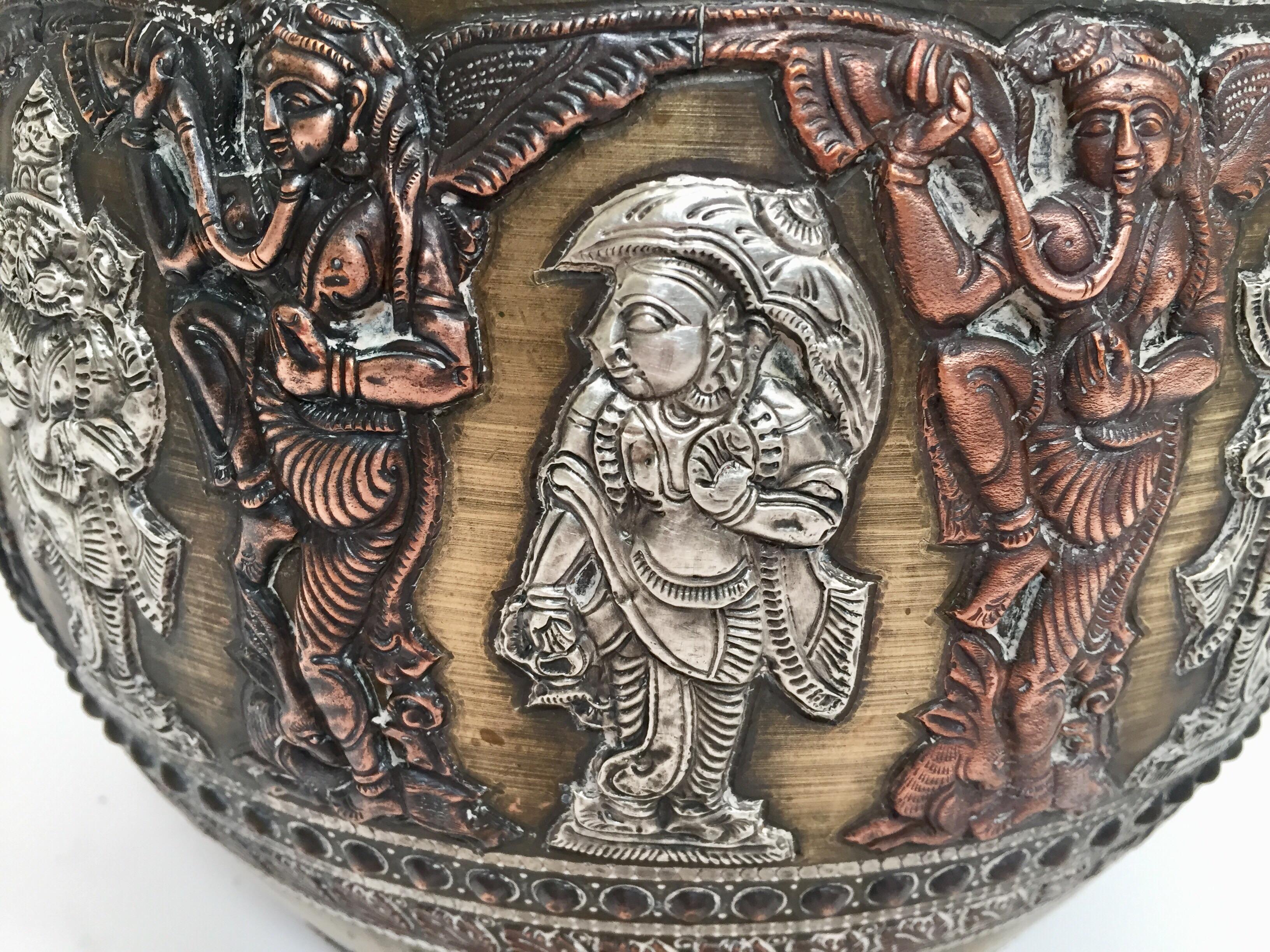 Large Burmes Brass, Copper, Silver Inlaid Ceremonial Bowl with Avatars of Vishnu For Sale 3