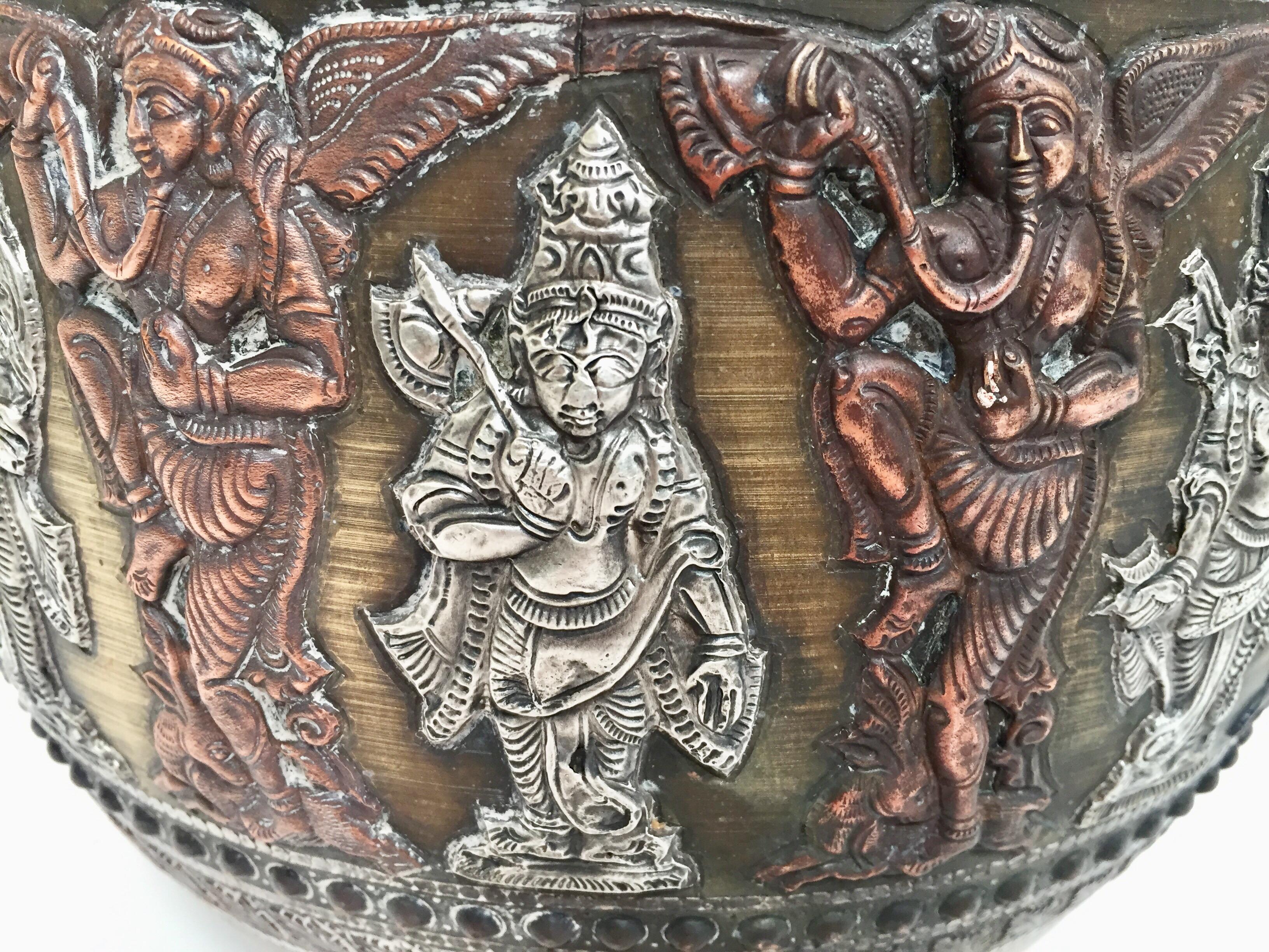 Large Burmes Brass, Copper, Silver Inlaid Ceremonial Bowl with Avatars of Vishnu For Sale 4