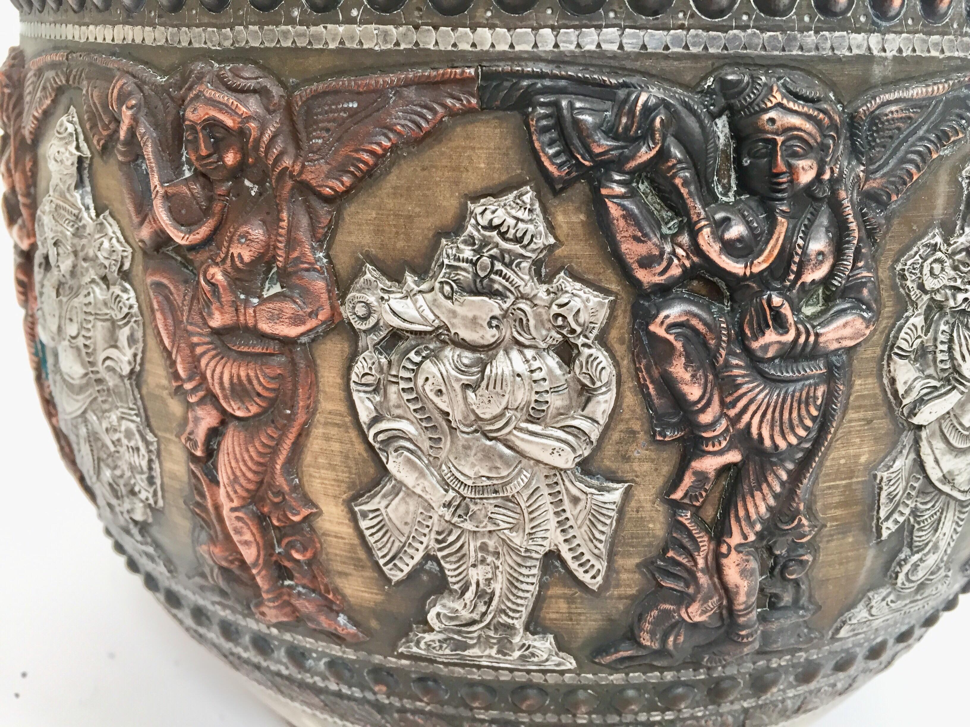 Large Burmes Brass, Copper, Silver Inlaid Ceremonial Bowl with Avatars of Vishnu For Sale 5