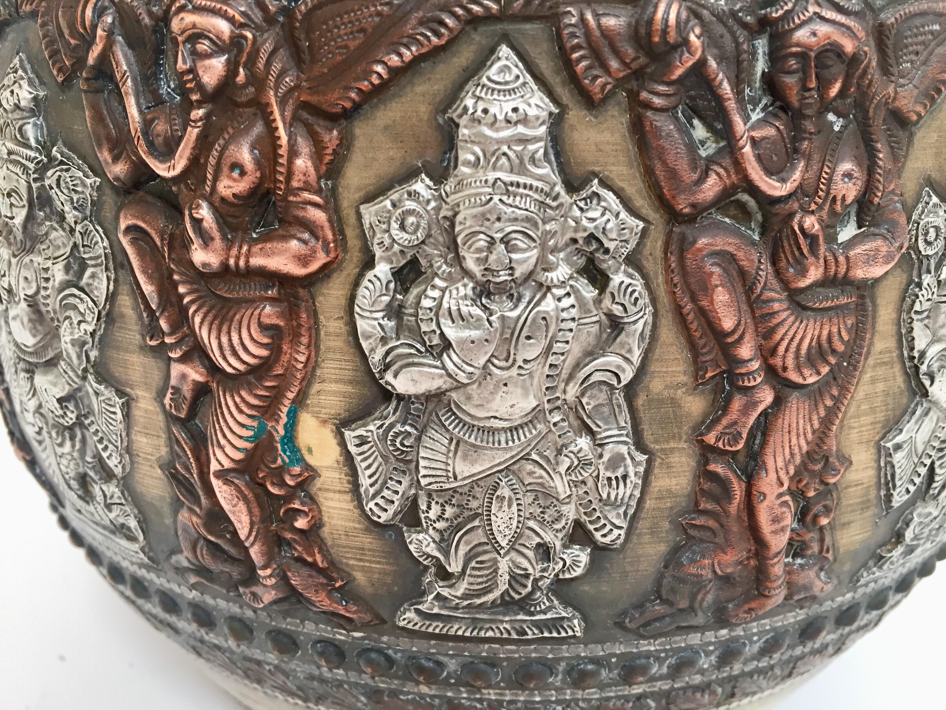 Large Burmes Brass, Copper, Silver Inlaid Ceremonial Bowl with Avatars of Vishnu For Sale 6