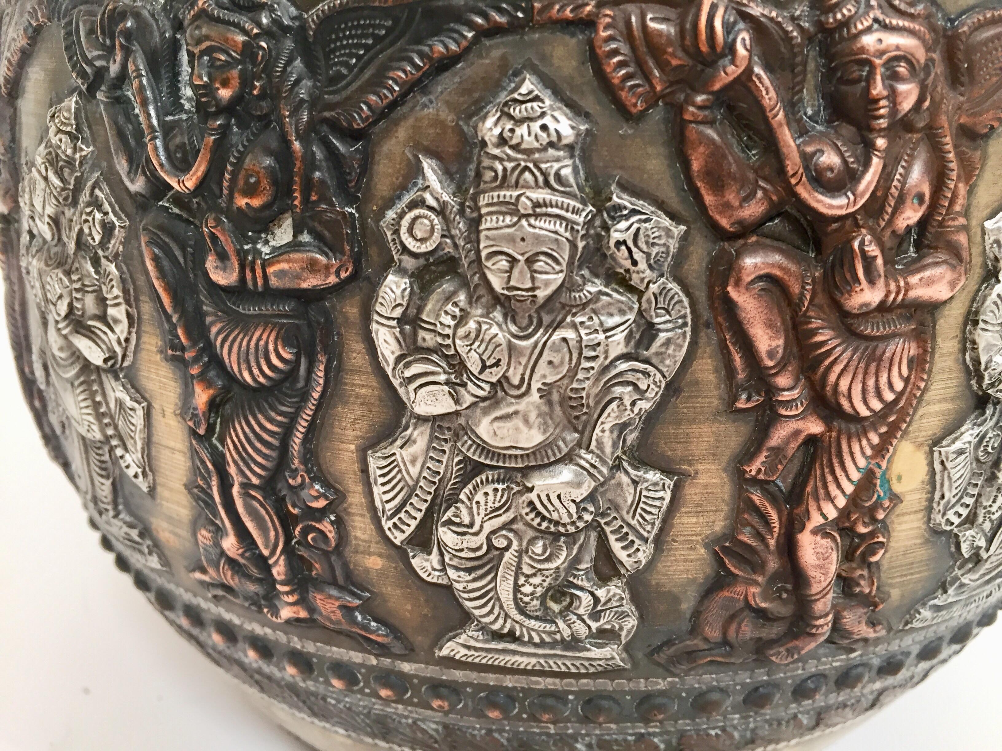 Large Burmes Brass, Copper, Silver Inlaid Ceremonial Bowl with Avatars of Vishnu For Sale 7