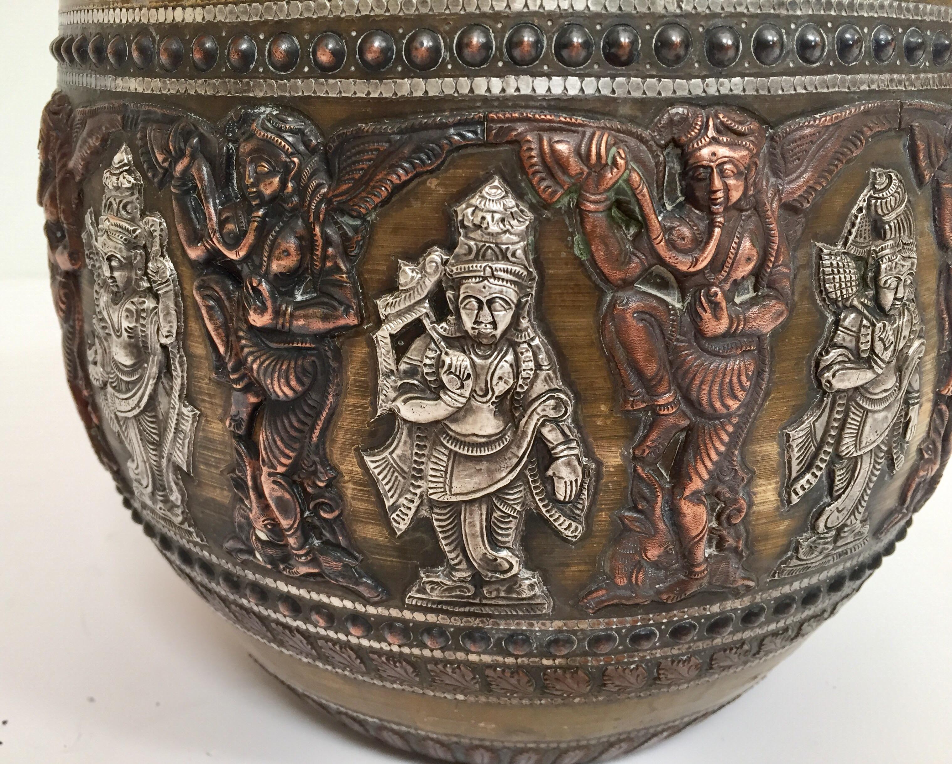 Large Burmes Brass, Copper, Silver Inlaid Ceremonial Bowl with Avatars of Vishnu For Sale 8