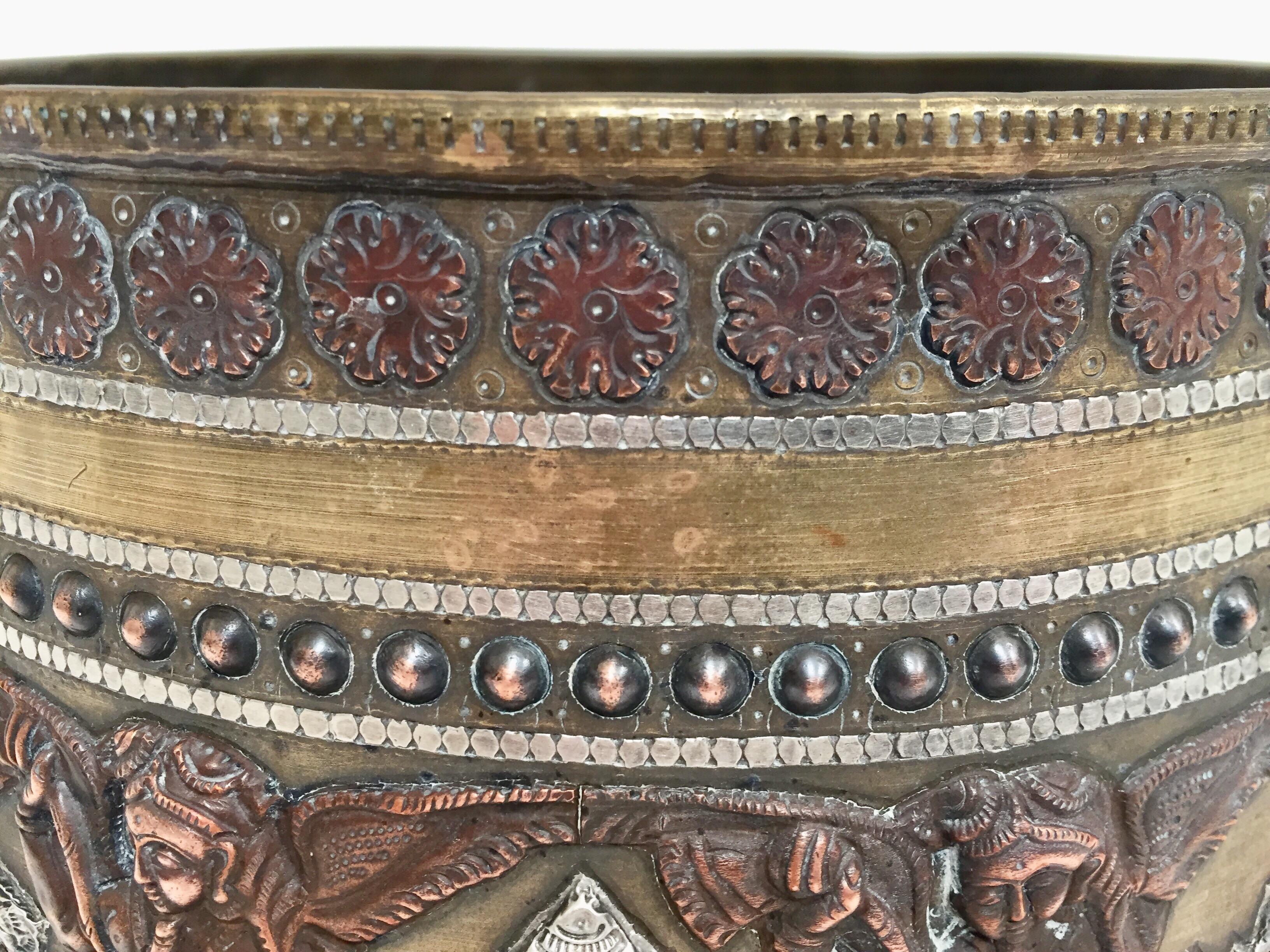 Large Burmes Brass, Copper, Silver Inlaid Ceremonial Bowl with Avatars of Vishnu For Sale 9