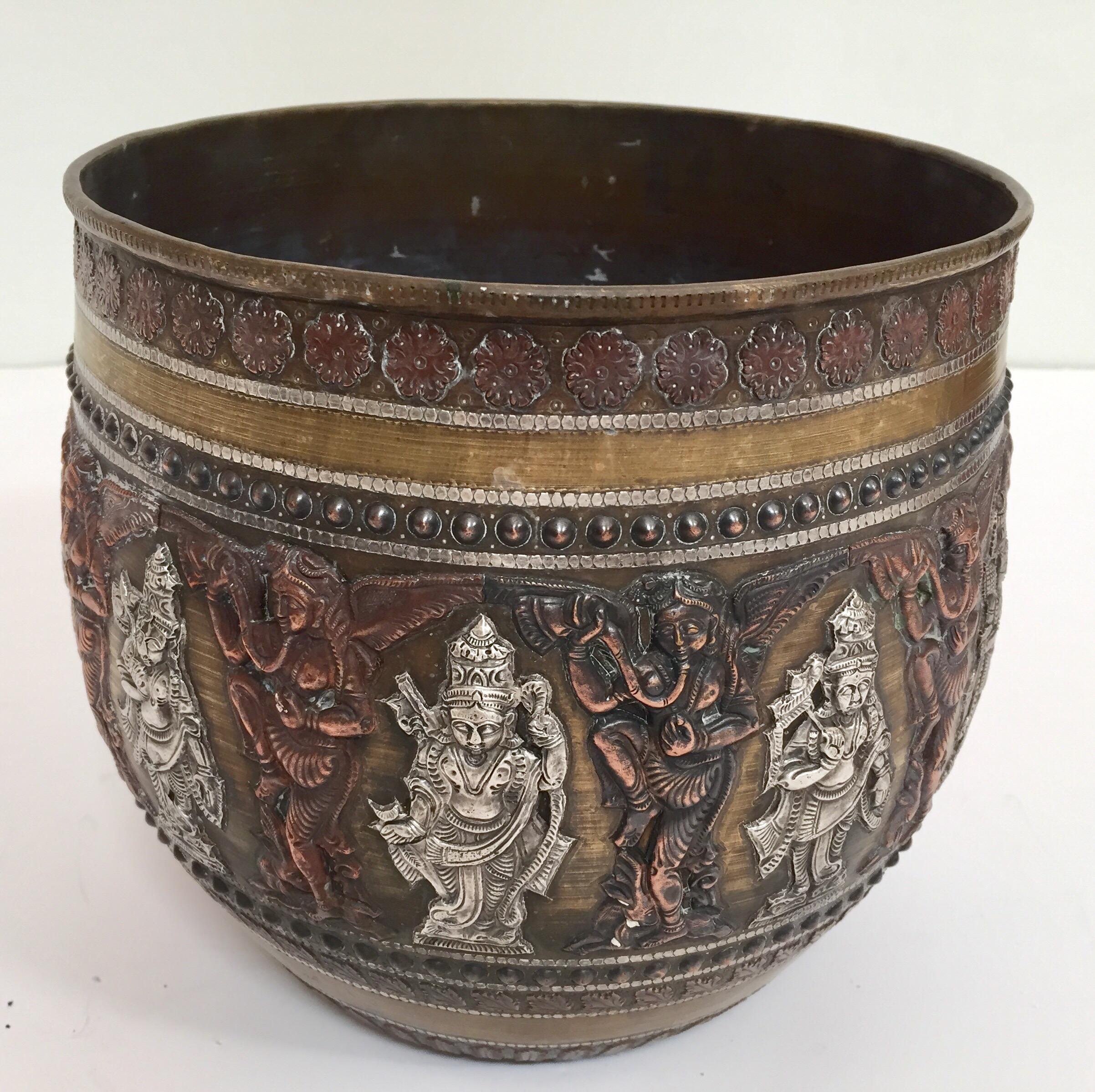 Large Burmes Brass, Copper, Silver Inlaid Ceremonial Bowl with Avatars of Vishnu For Sale 11