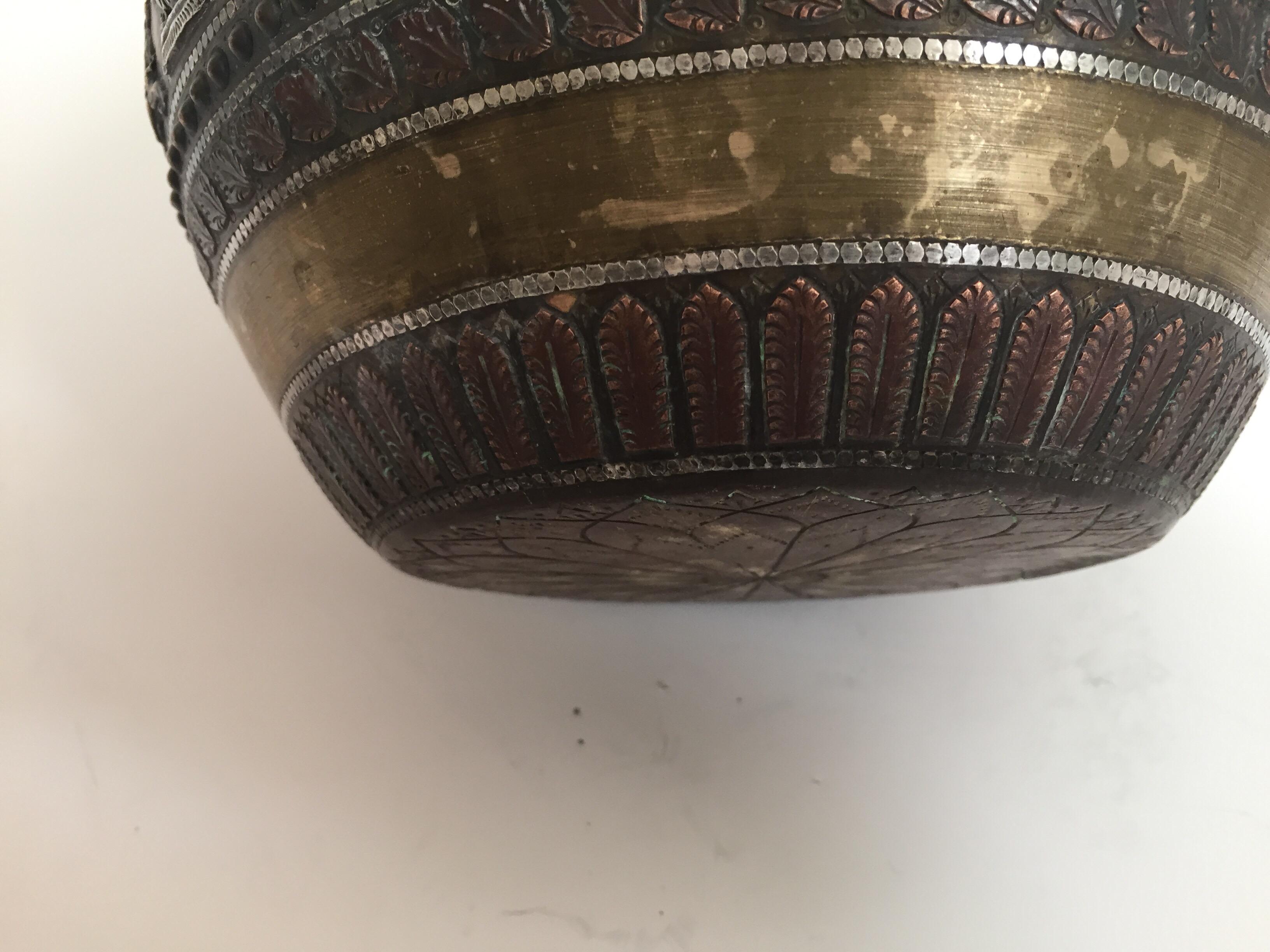 Large Burmes Brass, Copper, Silver Inlaid Ceremonial Bowl with Avatars of Vishnu For Sale 12