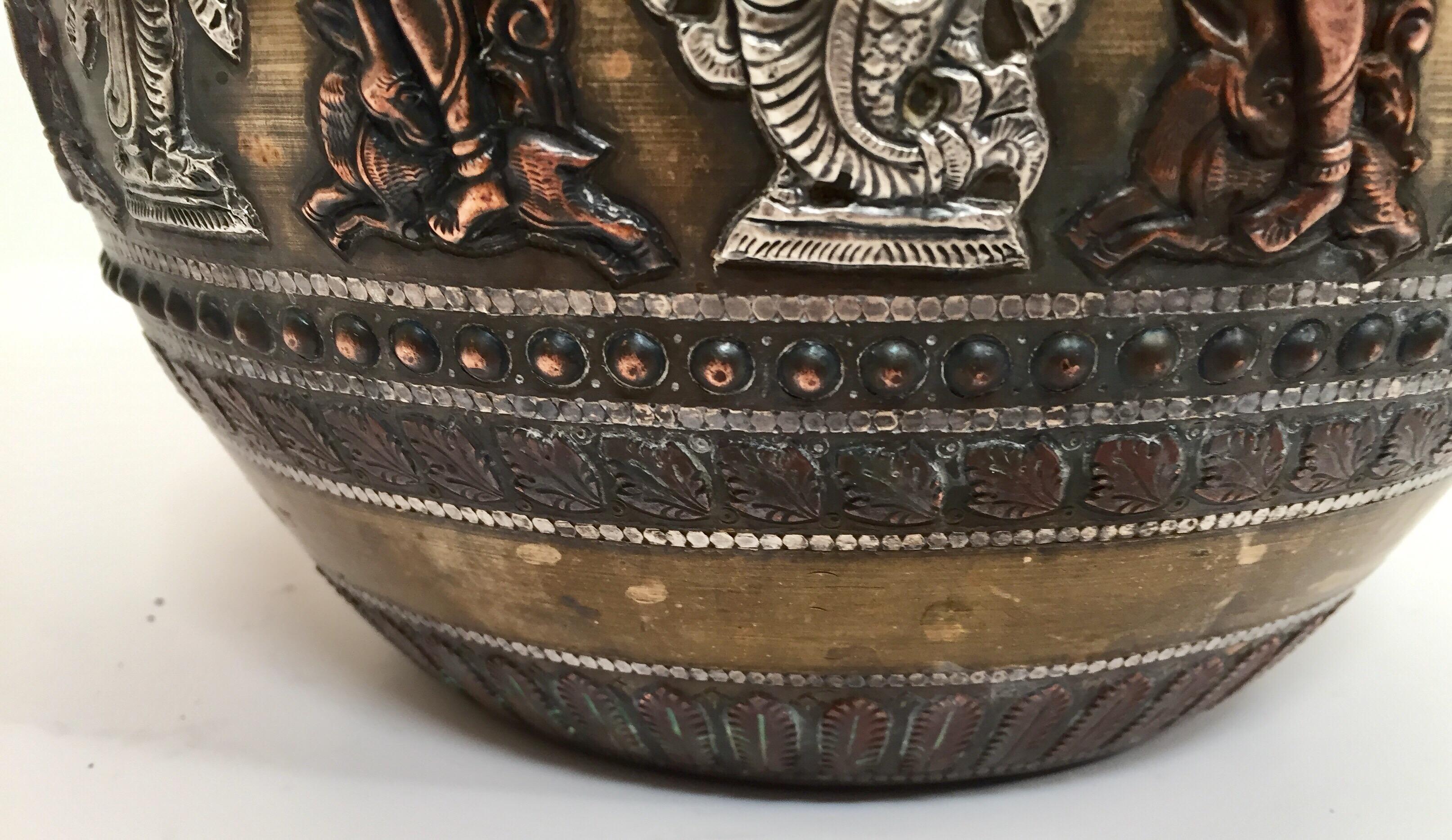 Indian Large Burmes Brass, Copper, Silver Inlaid Ceremonial Bowl with Avatars of Vishnu For Sale