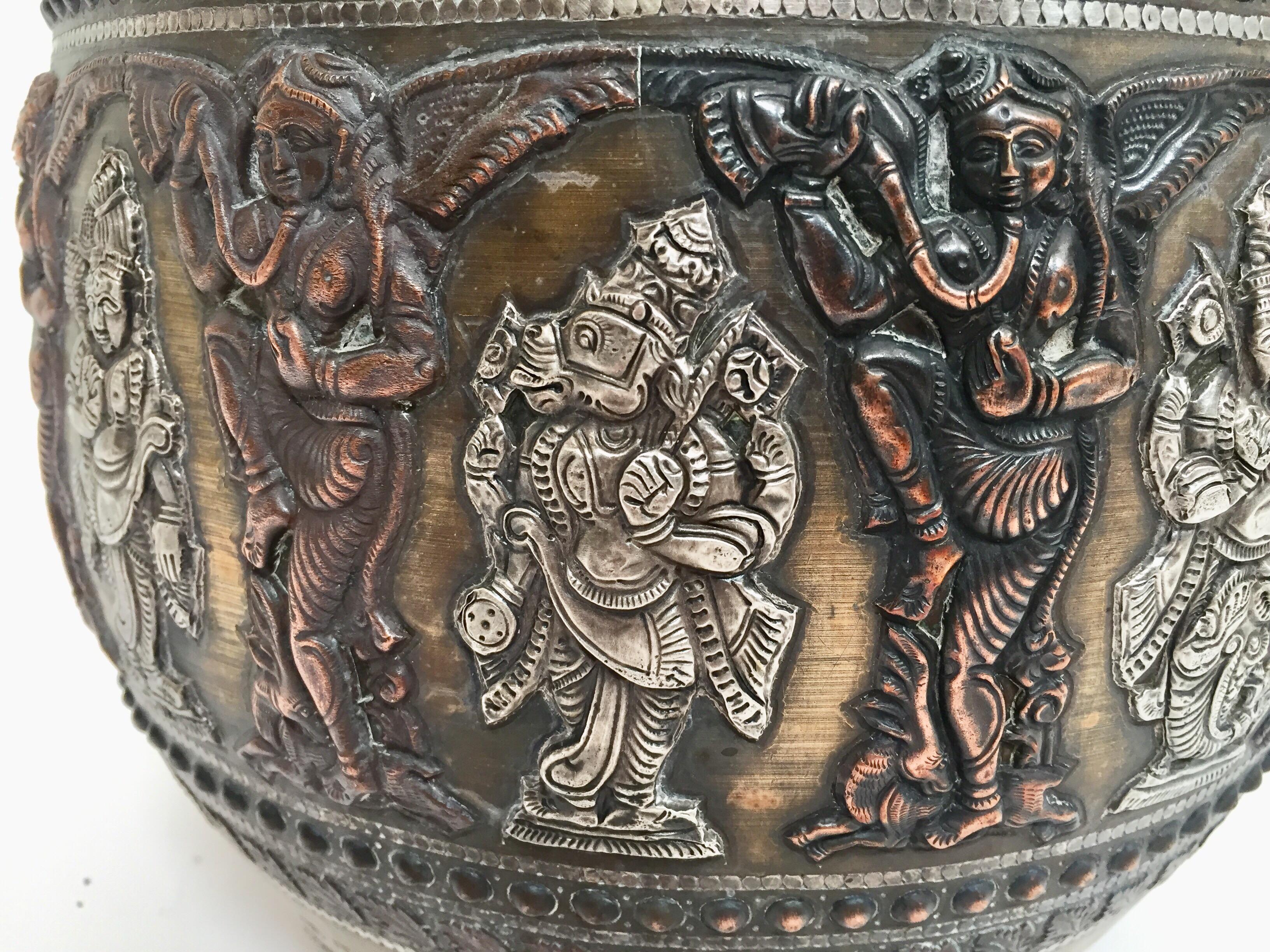 Embossed Large Burmes Brass, Copper, Silver Inlaid Ceremonial Bowl with Avatars of Vishnu For Sale