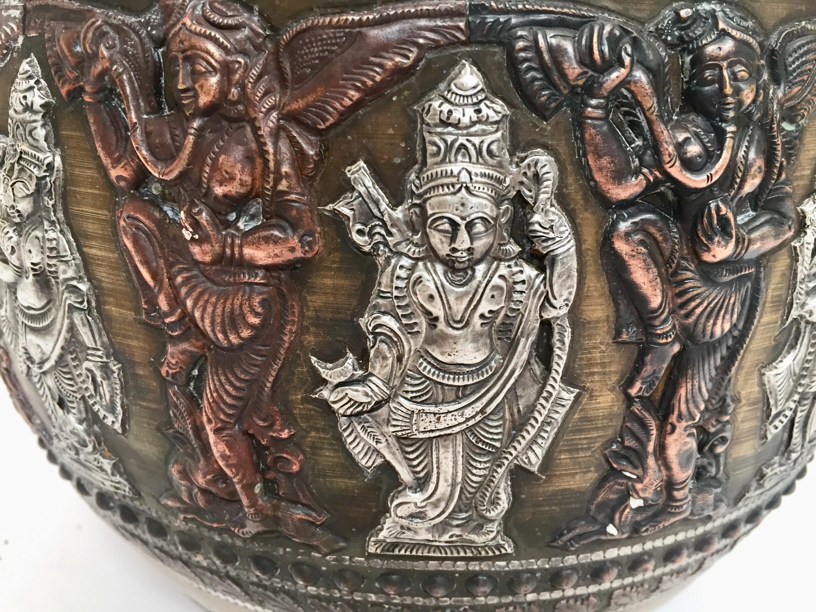 Large Burmes Brass, Copper, Silver Inlaid Ceremonial Bowl with Avatars of Vishnu In Good Condition For Sale In North Hollywood, CA