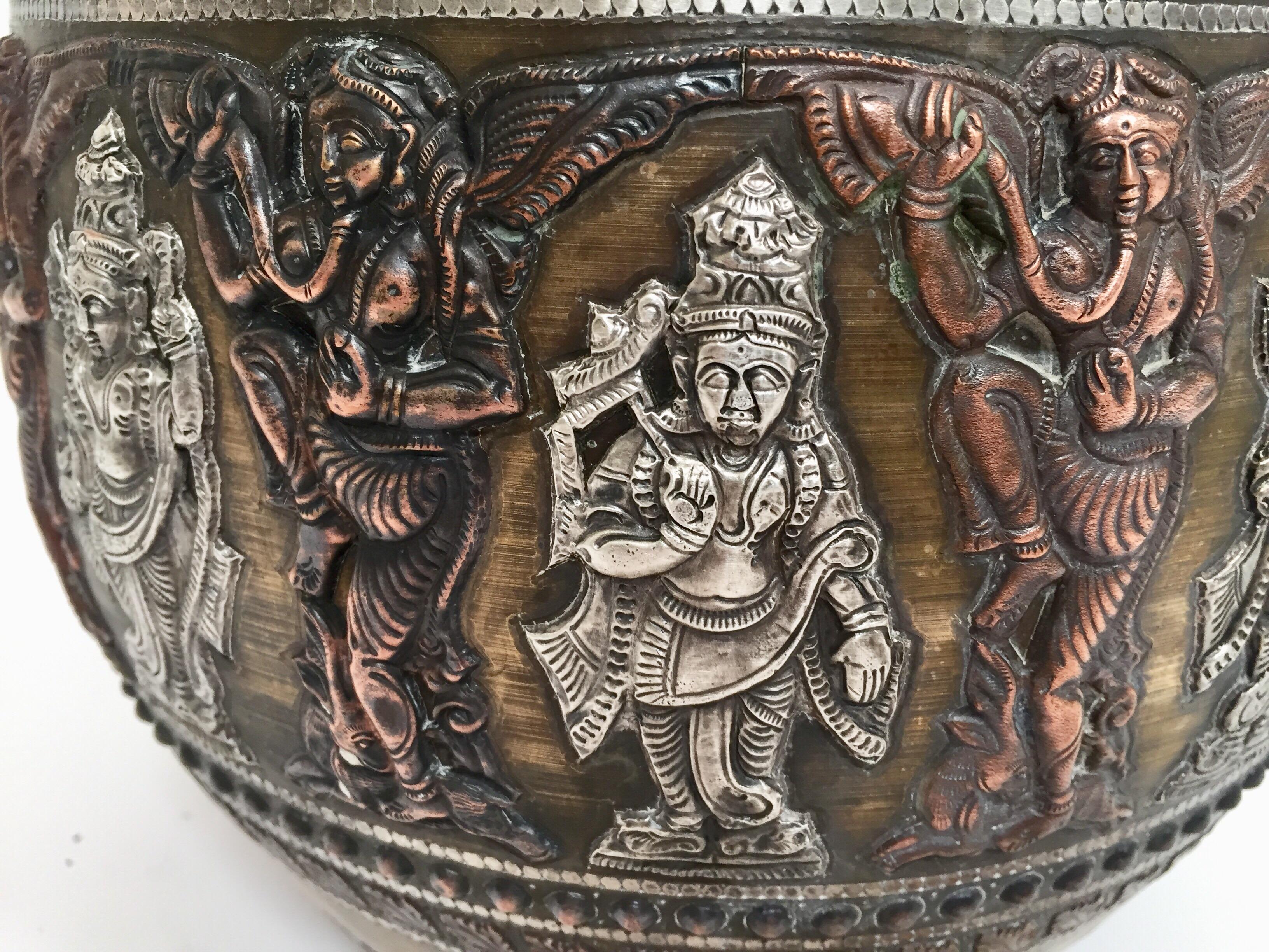 20th Century Large Burmes Brass, Copper, Silver Inlaid Ceremonial Bowl with Avatars of Vishnu For Sale