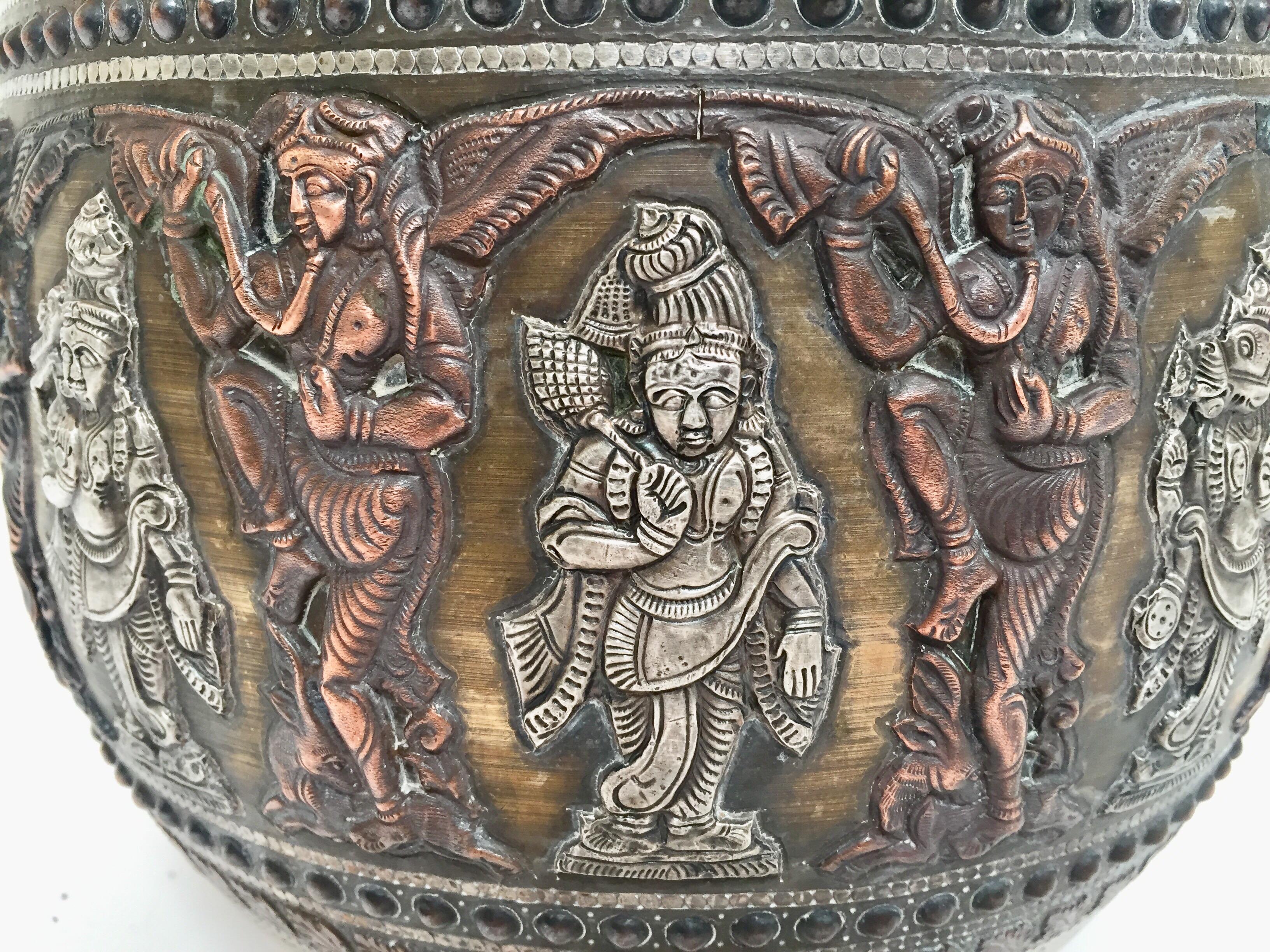 Large Burmes Brass, Copper, Silver Inlaid Ceremonial Bowl with Avatars of Vishnu For Sale 1
