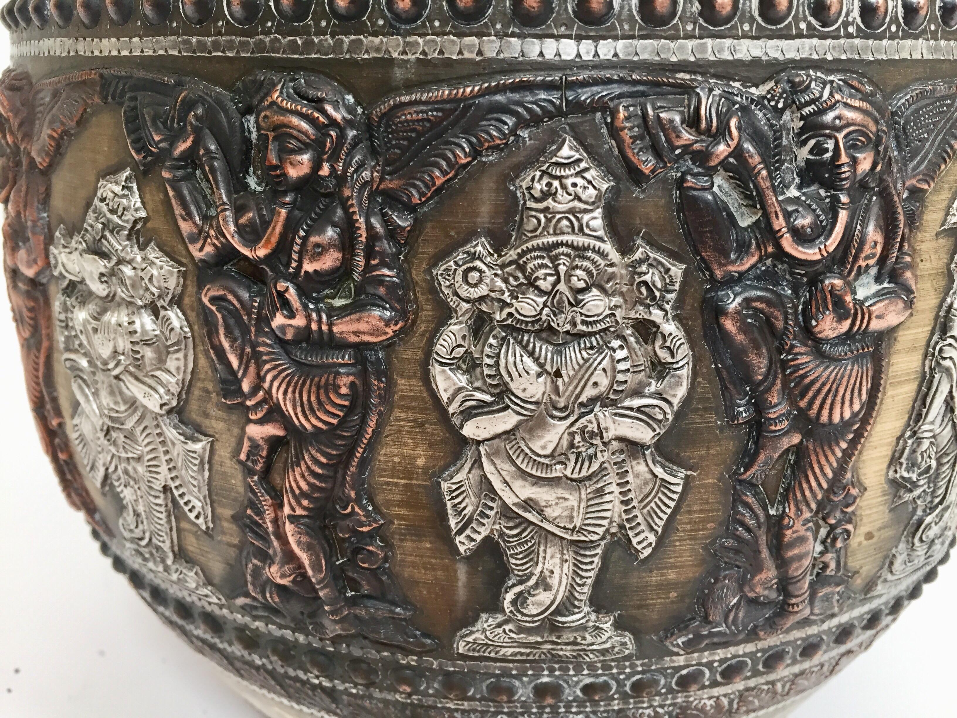 Large Burmes Brass, Copper, Silver Inlaid Ceremonial Bowl with Avatars of Vishnu For Sale 2