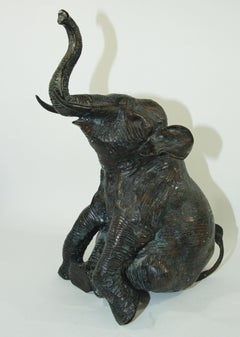 Large Asian Bronze Elephant with Trunk Up