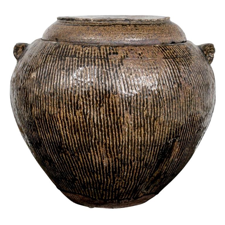 Large Asian Brown Glazed Ceramic Lidded Water Jar