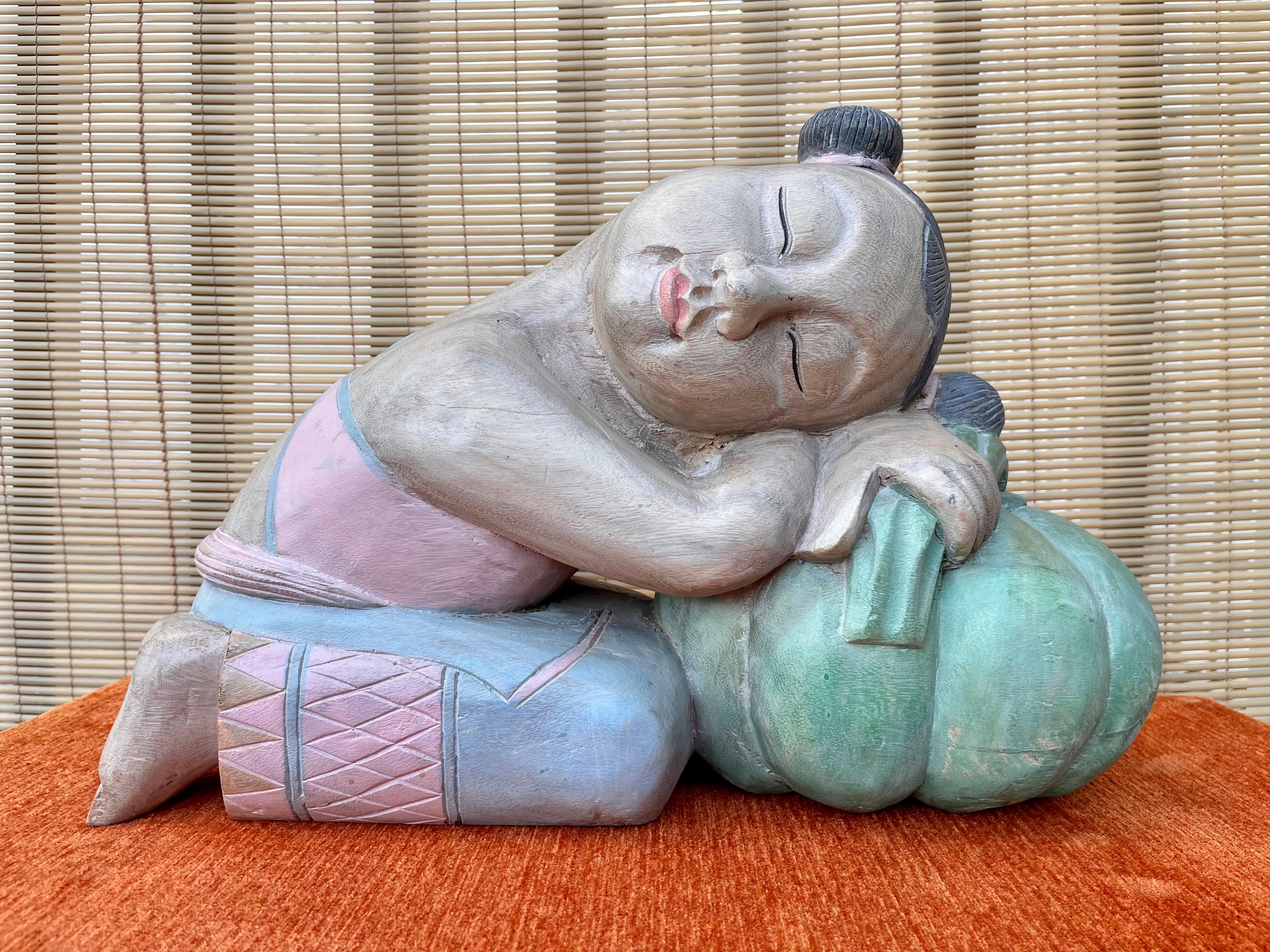 Large Asian Carved Wood Sculptures of Good Luck Children Sleeping on Melons For Sale 2