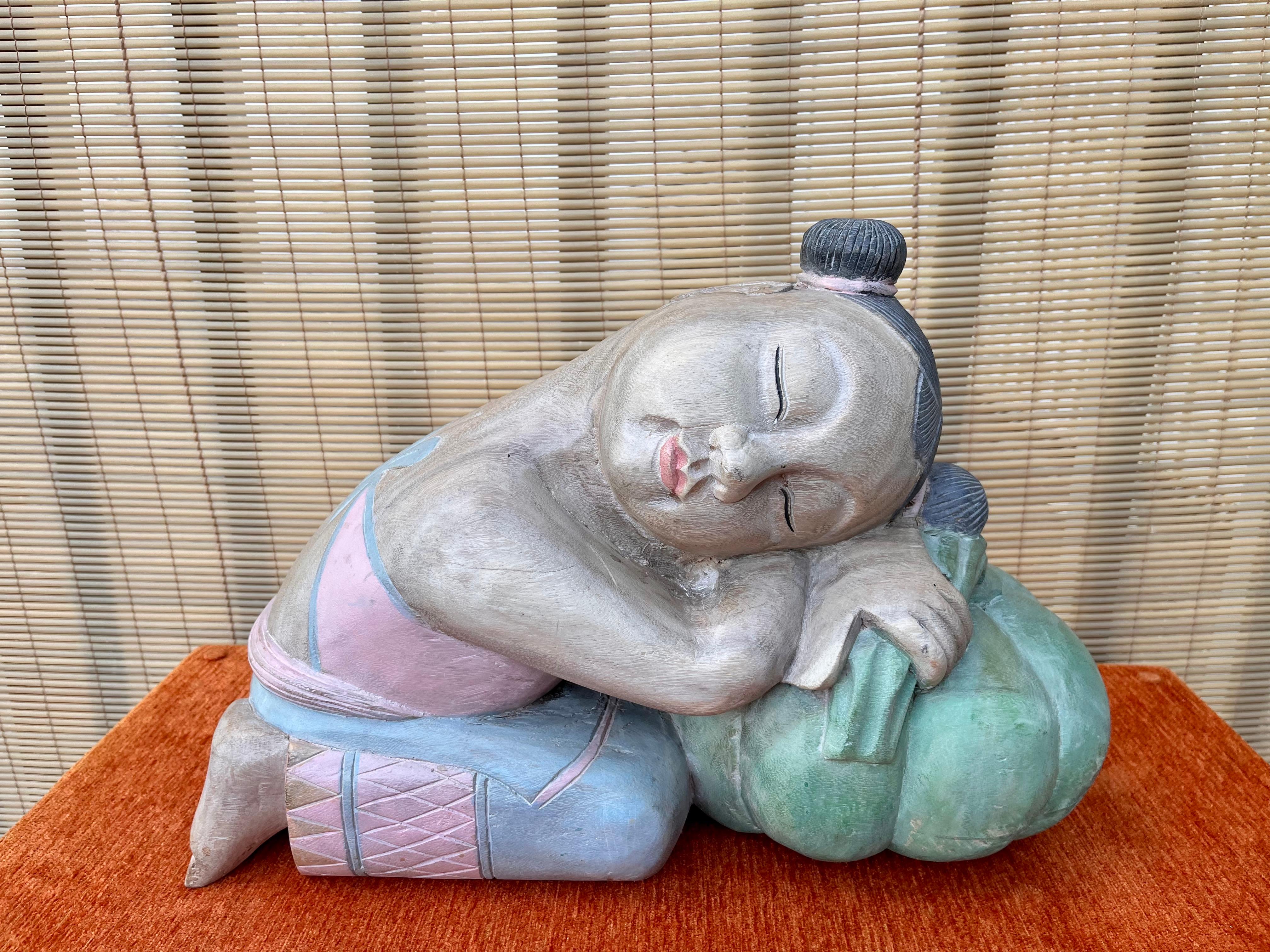 Large Asian Carved Wood Sculptures of Good Luck Children Sleeping on Melons For Sale 3