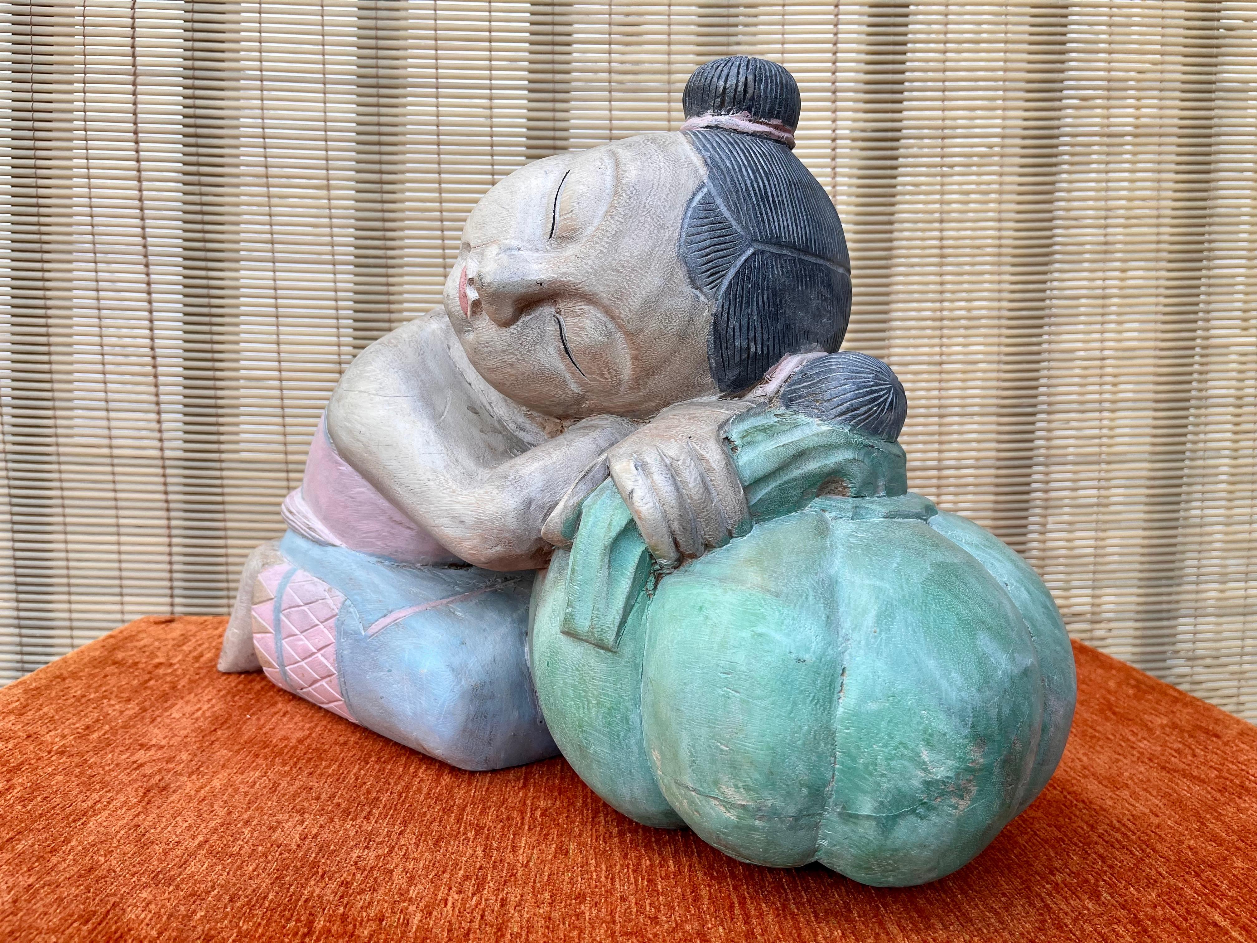Large Asian Carved Wood Sculptures of Good Luck Children Sleeping on Melons For Sale 5