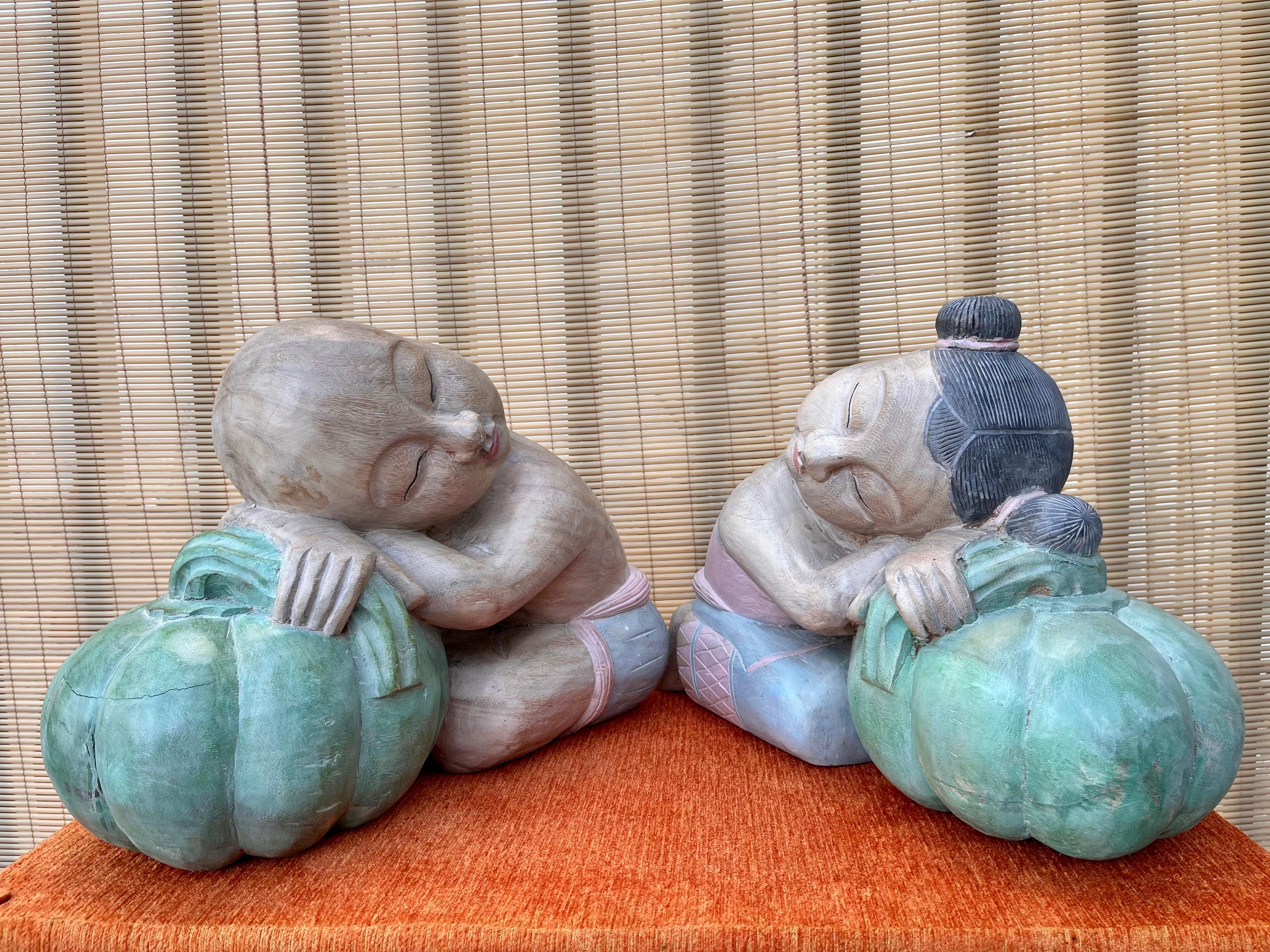 Large Asian Carved Wood Sculptures of Good Luck Children Sleeping on Melons For Sale 9