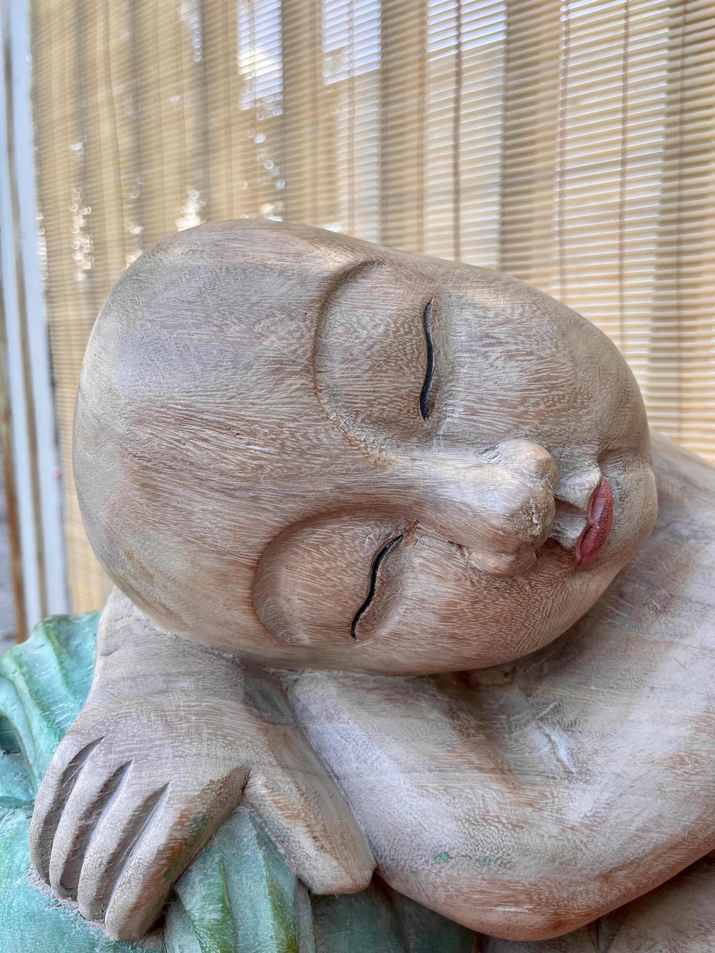 Large Asian Carved Wood Sculptures of Good Luck Children Sleeping on Melons For Sale 10