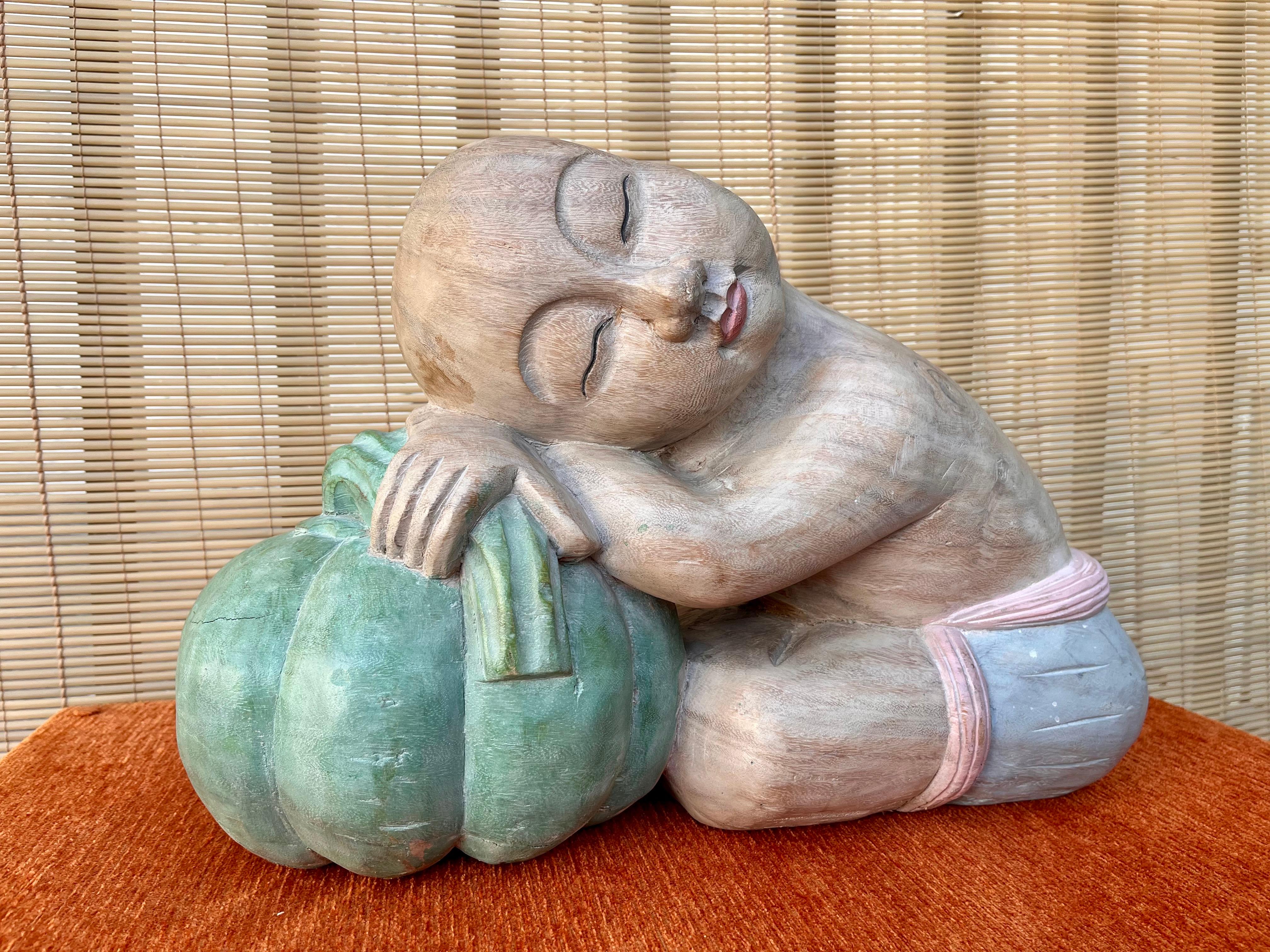 Unknown Large Asian Carved Wood Sculptures of Good Luck Children Sleeping on Melons For Sale