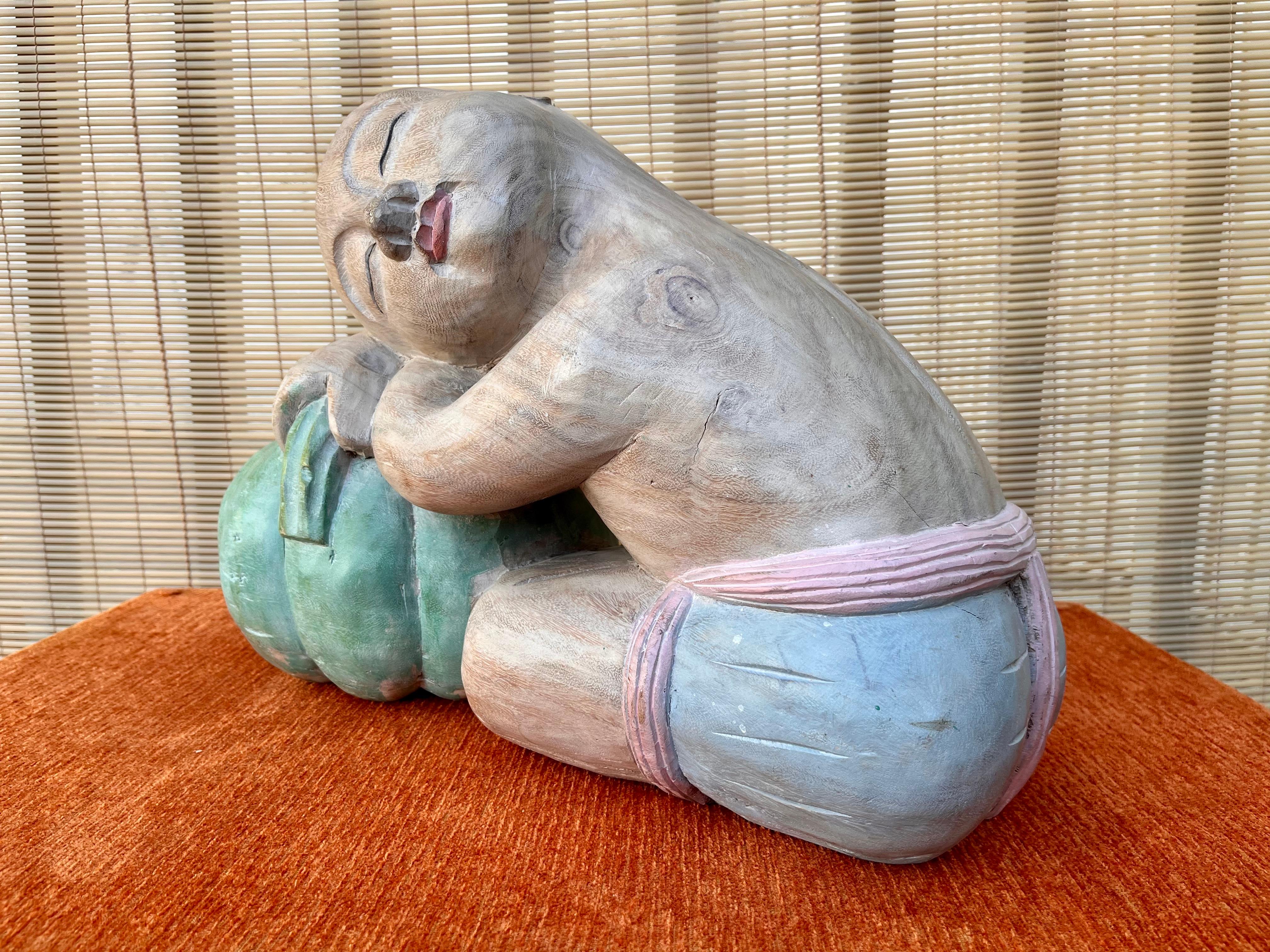Hand-Carved Large Asian Carved Wood Sculptures of Good Luck Children Sleeping on Melons For Sale