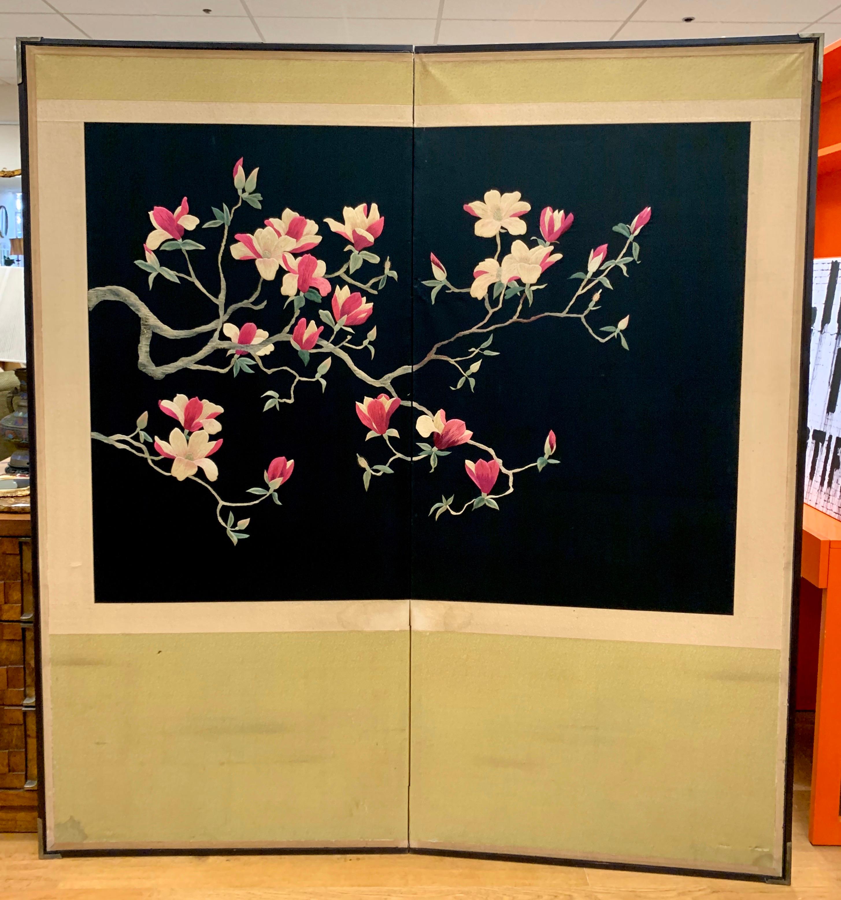 Large Asian Cherry Blossom Silk Embroidery Screen Room Divider 3