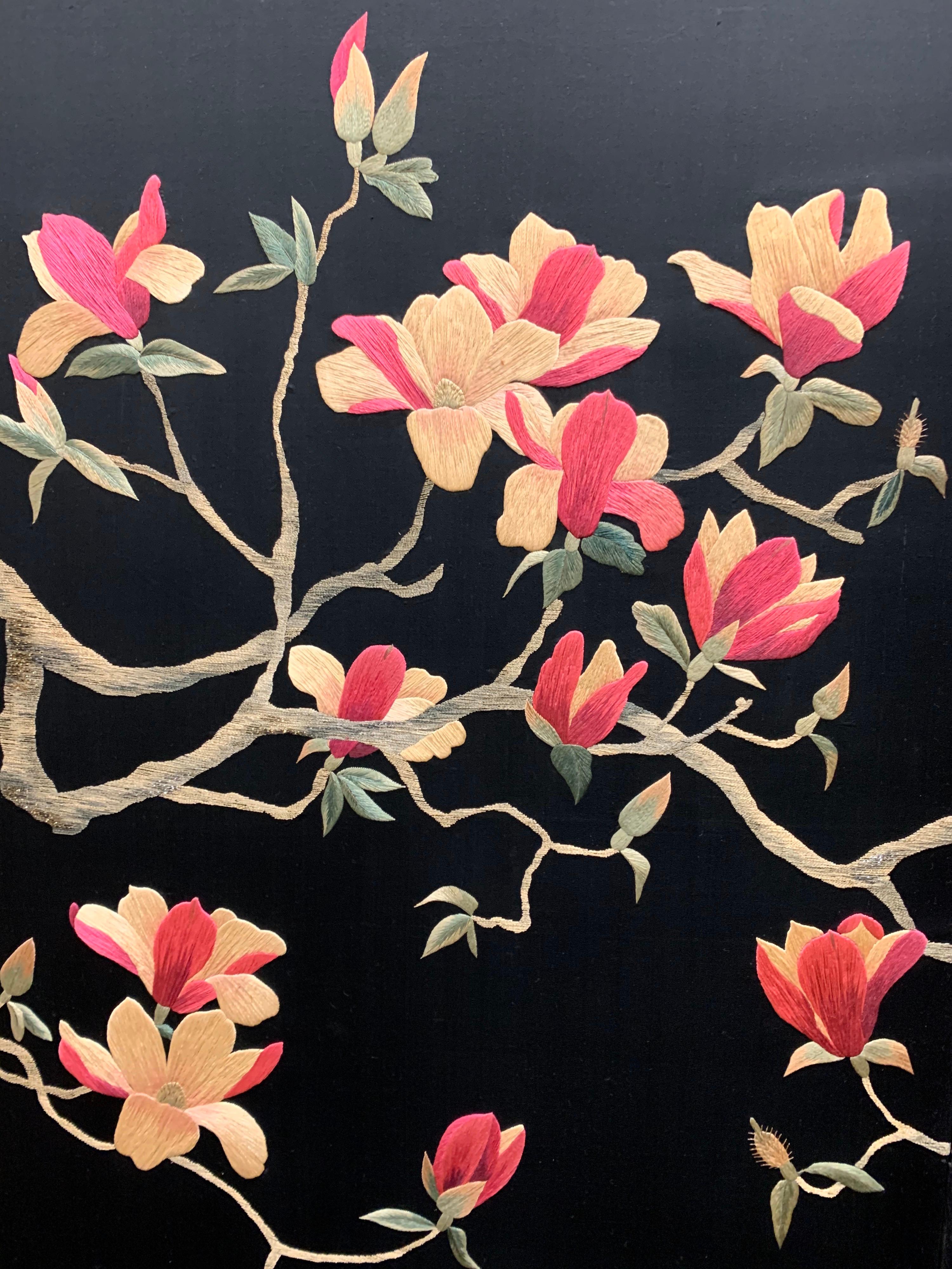 Magnificent Asian cherry blossom silk embroidered six foot tall screen or room divider. Hard to ascertain if it is Japanese, Korean or Chinese. We believe it is either Japanese or Korean. It makes quite a statement regardless of provenance.