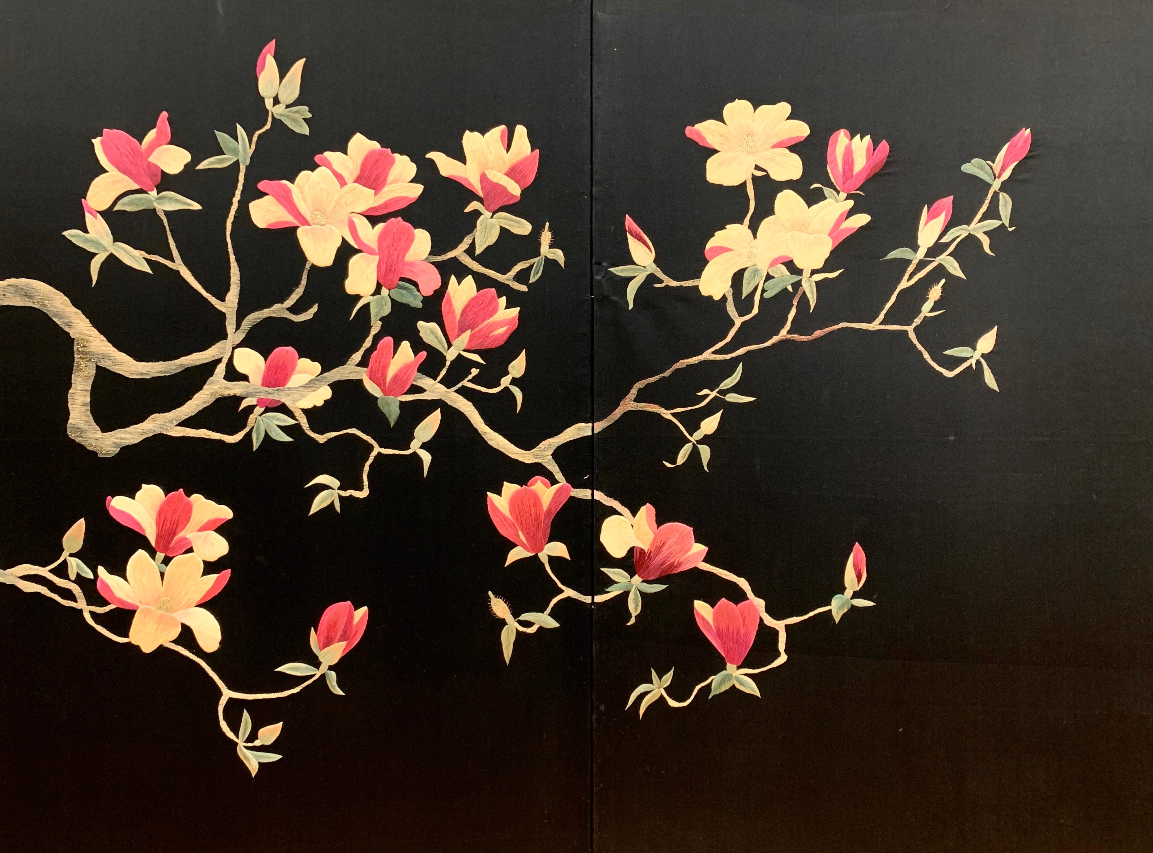 Japanese Large Asian Cherry Blossom Silk Embroidery Screen Room Divider
