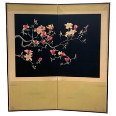 Large Asian Cherry Blossom Silk Embroidery Screen Room Divider