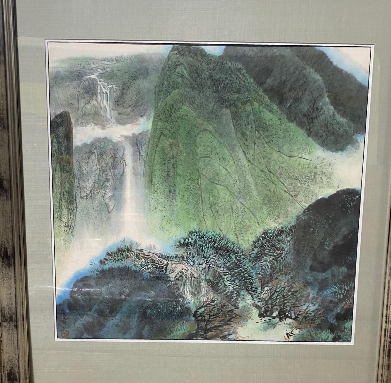 Hand-Painted Large Asian Chinese Japanese Korean Signed Mountain Landscape Waterfall Painting
