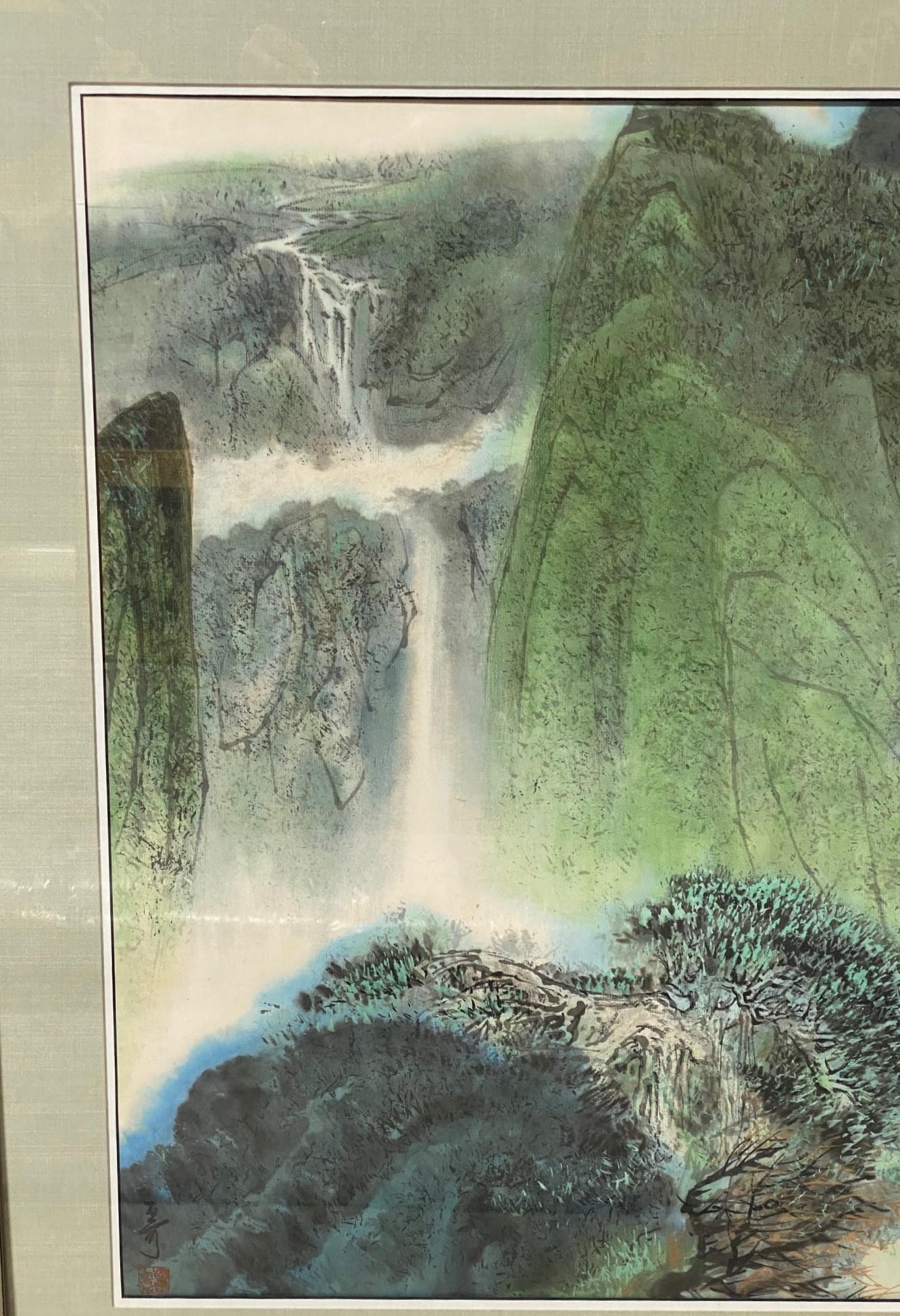 Plexiglass Large Asian Chinese Japanese Korean Signed Mountain Landscape Waterfall Painting