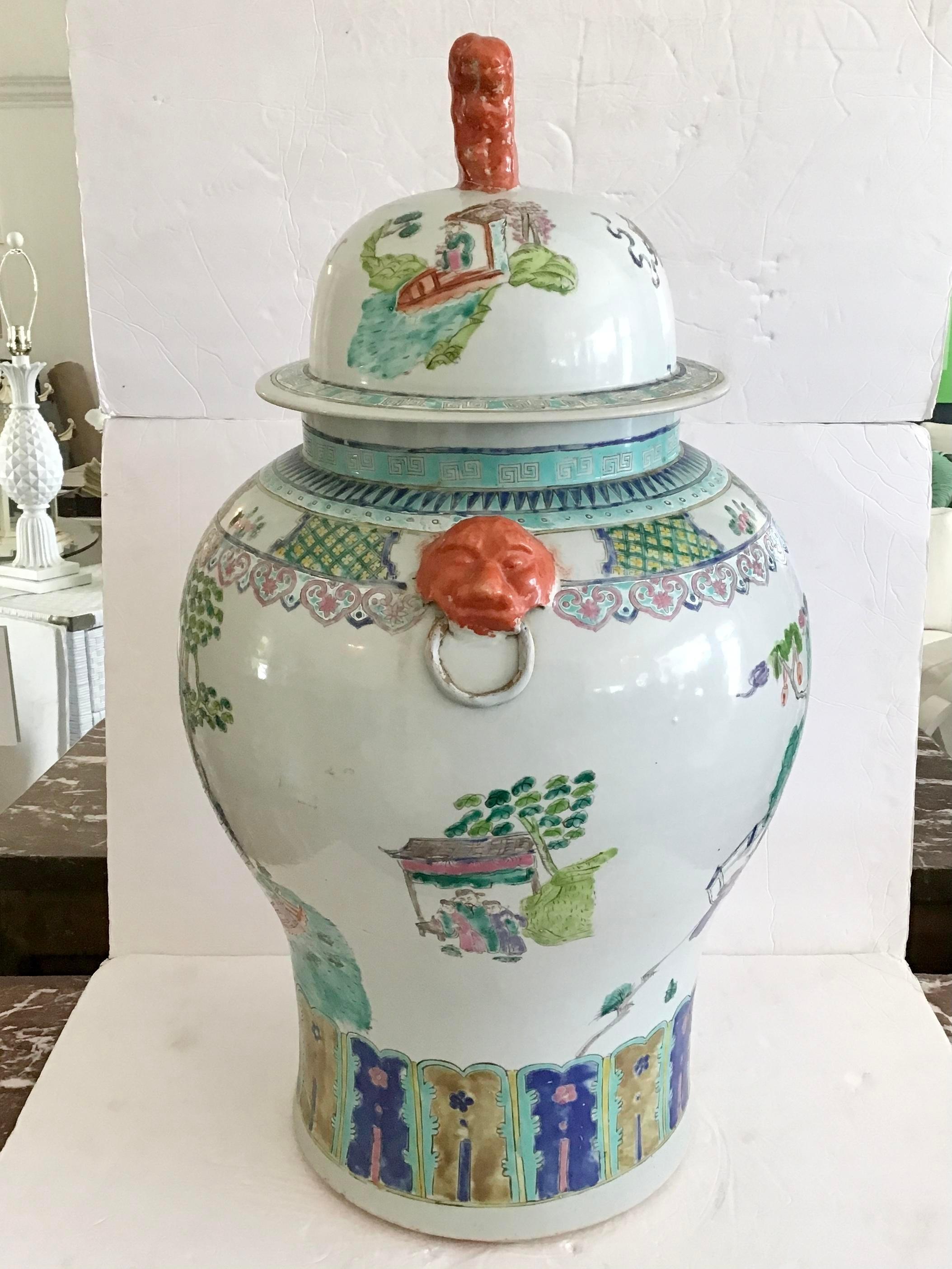 Large Asian Chinoiserie Ceramic Ginger Jar 1