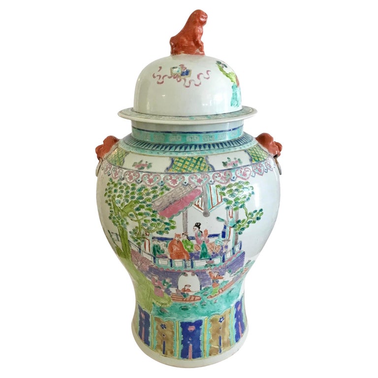 Large Asian Chinoiserie Ceramic Ginger Jar For Sale at 1stDibs