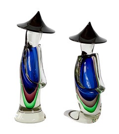 Grandi figure di coppia asiatiche in vetro di Murano Sommerso fatte a mano da Luigi Onesto