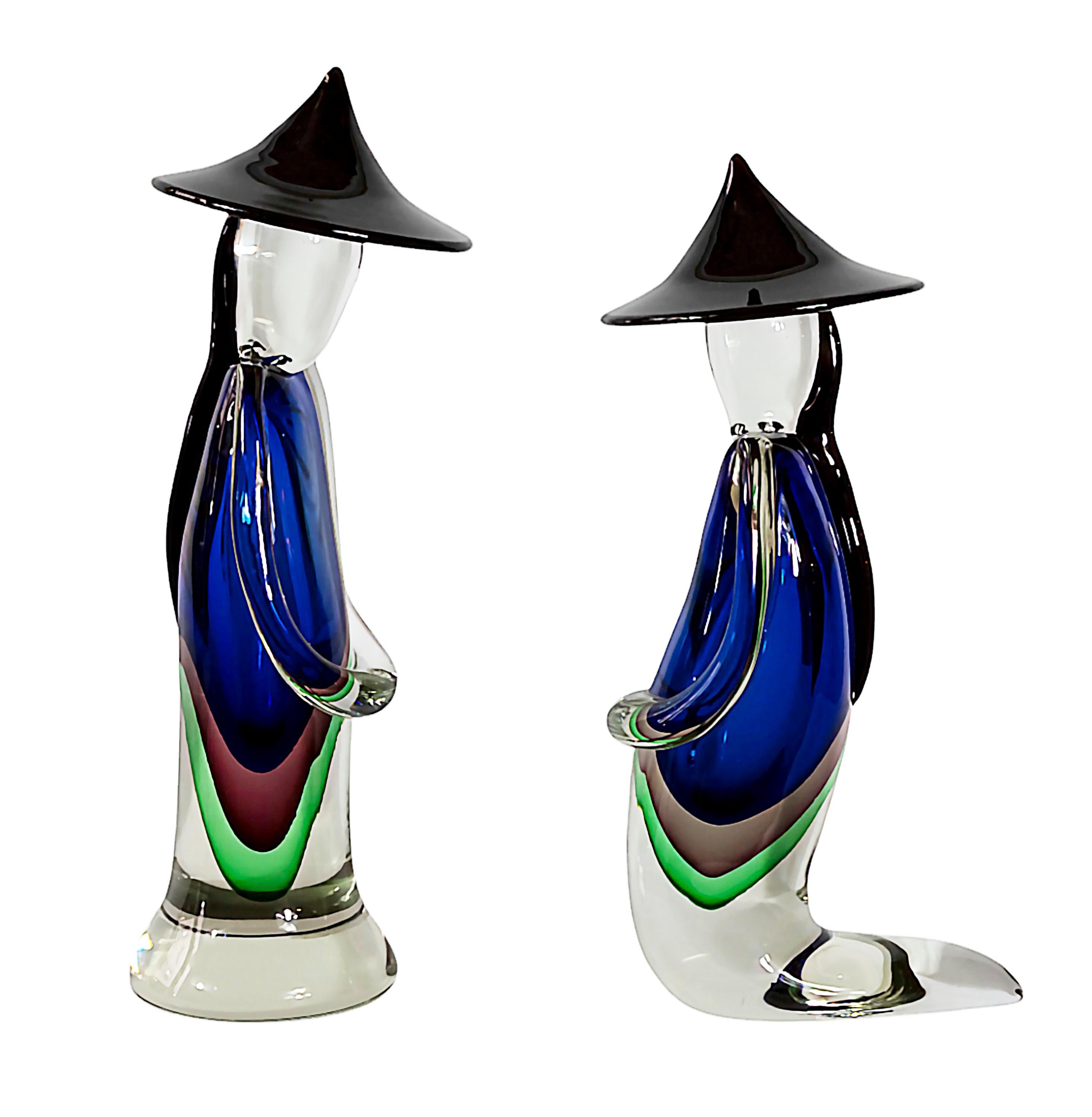 Große asiatische Paarfiguren aus handgefertigtem Murano Sommerso-Glas von Luigi Onesto (Italienisch) im Angebot
