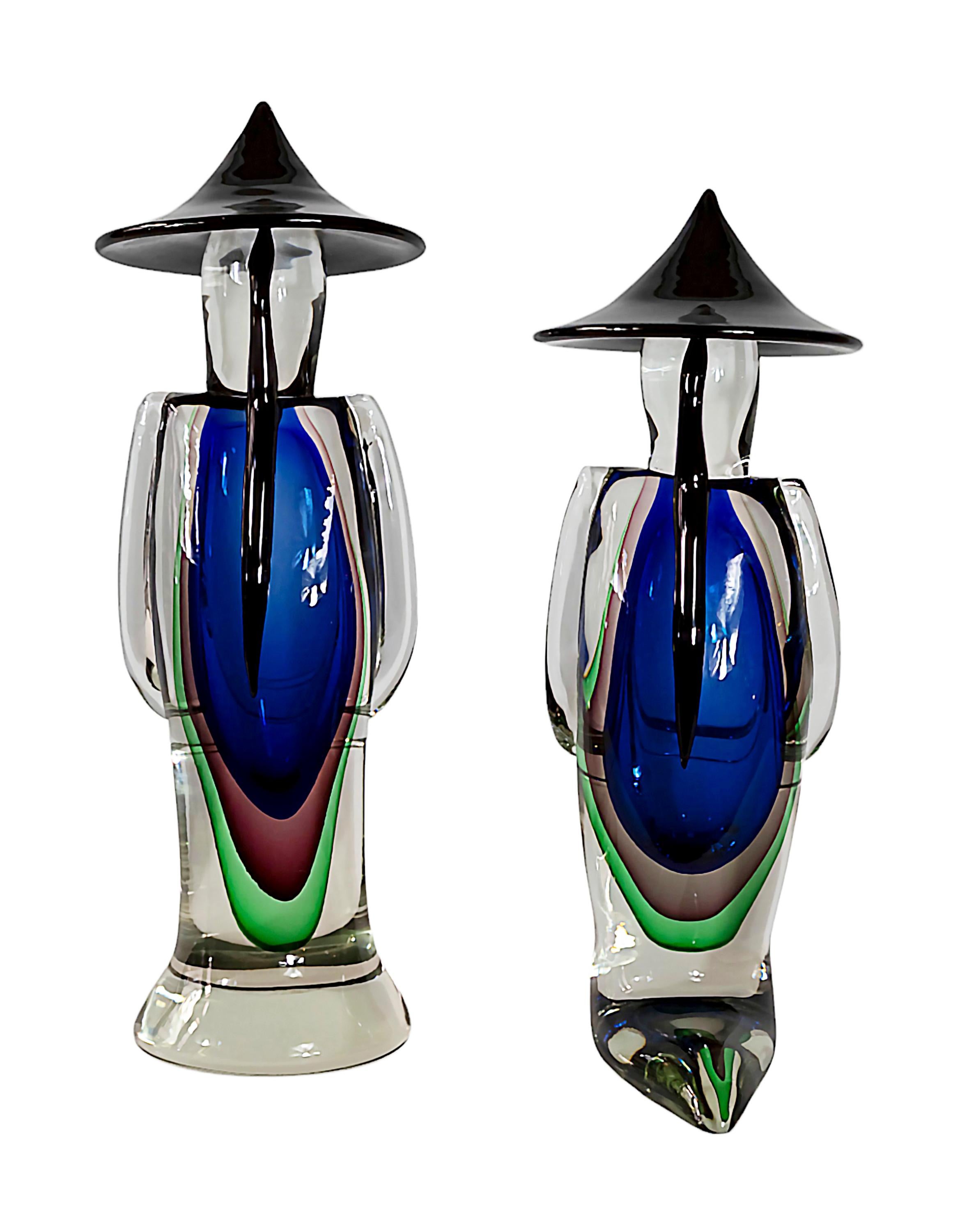 Große asiatische Paarfiguren aus handgefertigtem Murano Sommerso-Glas von Luigi Onesto (Handgefertigt) im Angebot