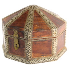 Retro Large Asian Decorative Wooden Jewelry Box with Hammered Brass Metal Overlay