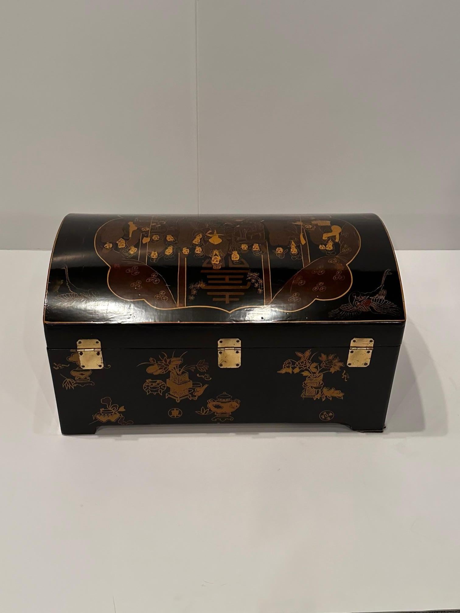 Late 20th Century Large Asian Dome Top Lacquered Chest For Sale
