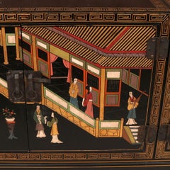 Large Asian Hand Painted Credenza With Carved Chinoiserie Motif