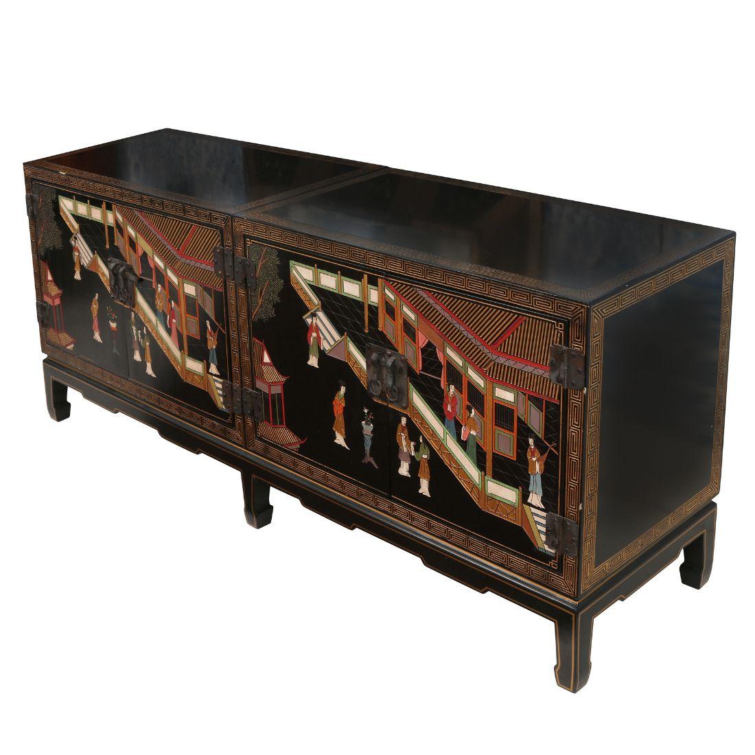 Other Large Asian Hand Painted Credenza With Carved Chinoiserie Motif For Sale