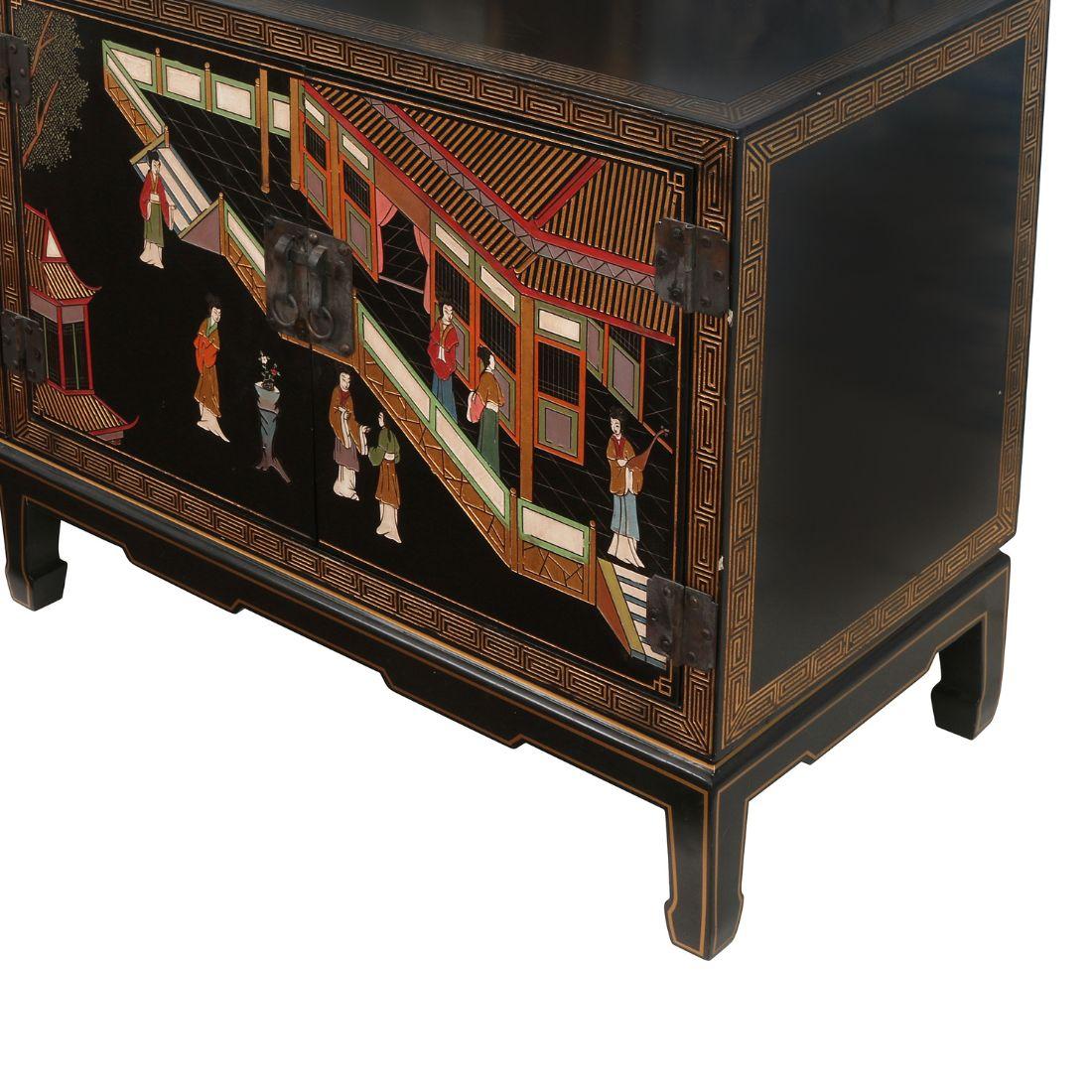 Unknown Large Asian Hand Painted Credenza With Carved Chinoiserie Motif For Sale