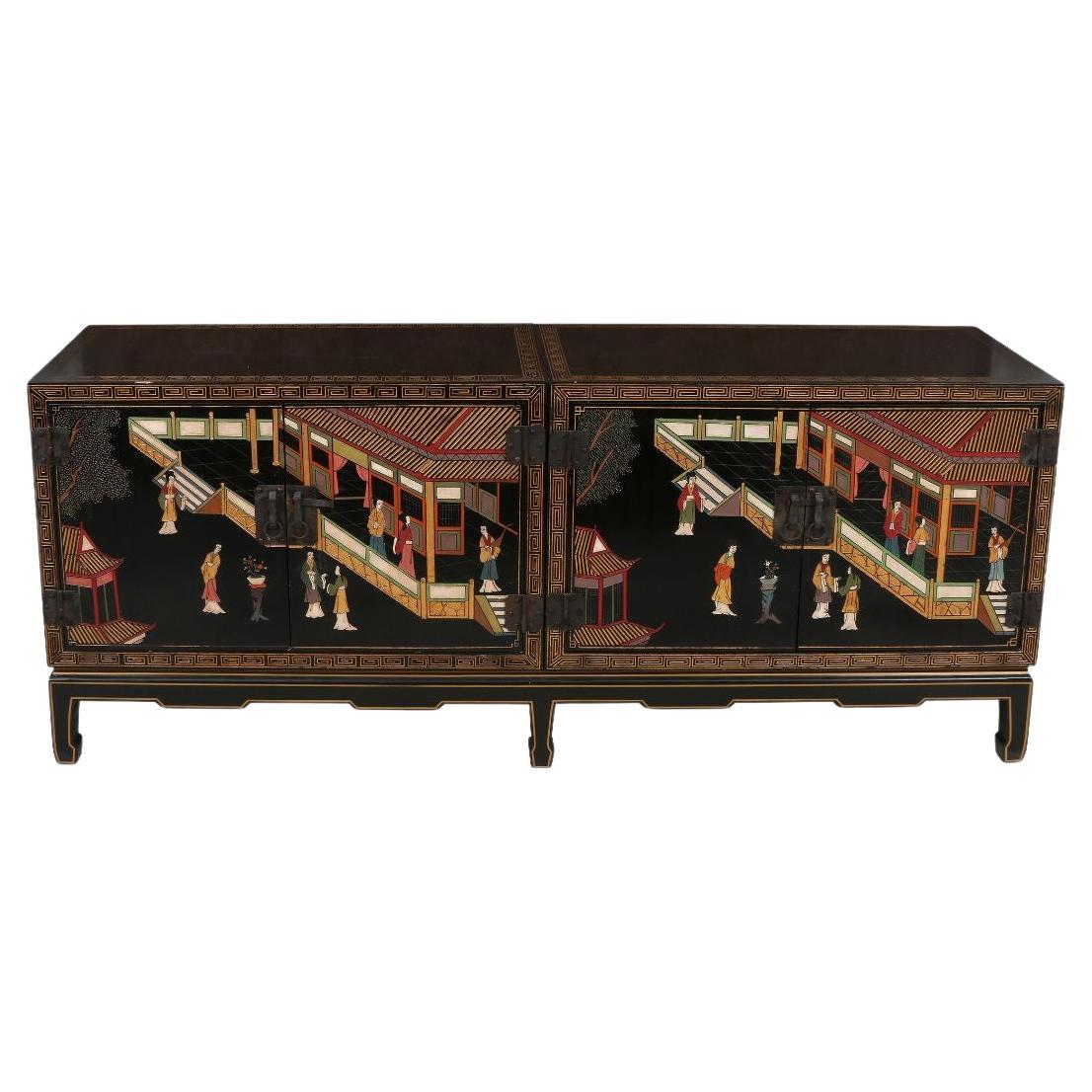 Large Asian Hand Painted Credenza With Carved Chinoiserie Motif
