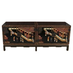 Large Asian Hand Painted Credenza With Carved Chinoiserie Motif