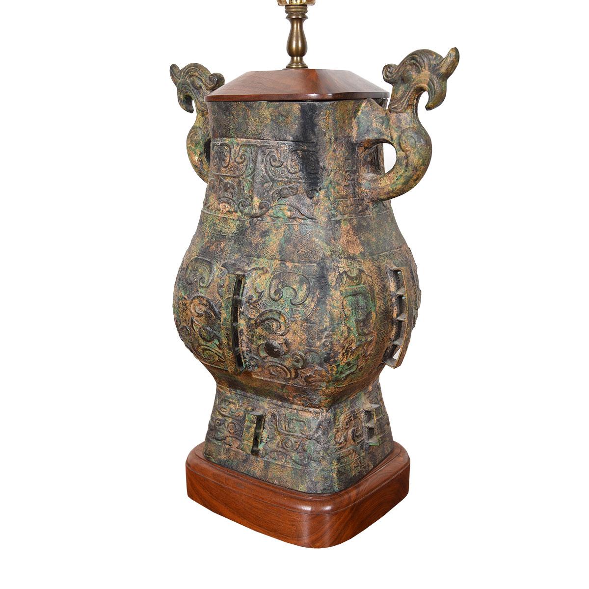 20th Century Large Asian-Inspired Walnut Accented Table Lamp For Sale