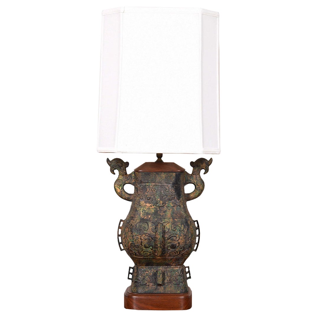 Large Asian-Inspired Walnut Accented Table Lamp